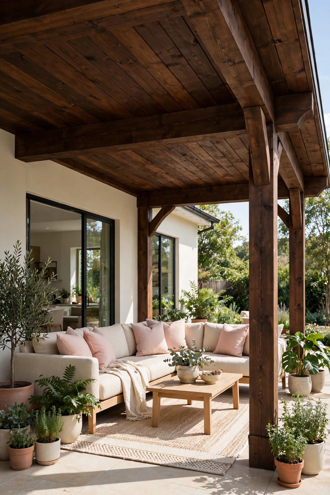 Covered patio with solid metal roof and outdoor lounge