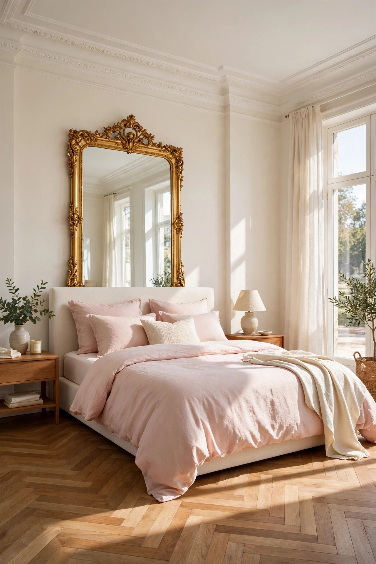 Bright bedroom with elegant ceiling crown molding, large mirror, and natural sunlight on herringbone wood floor