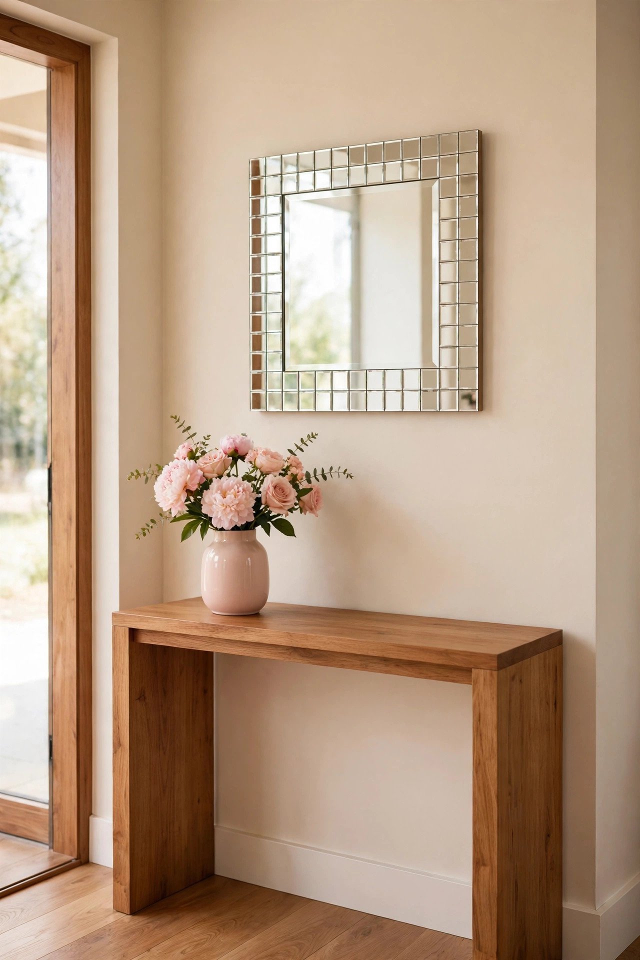 Mirror surrounded by a border of small square mirror tiles