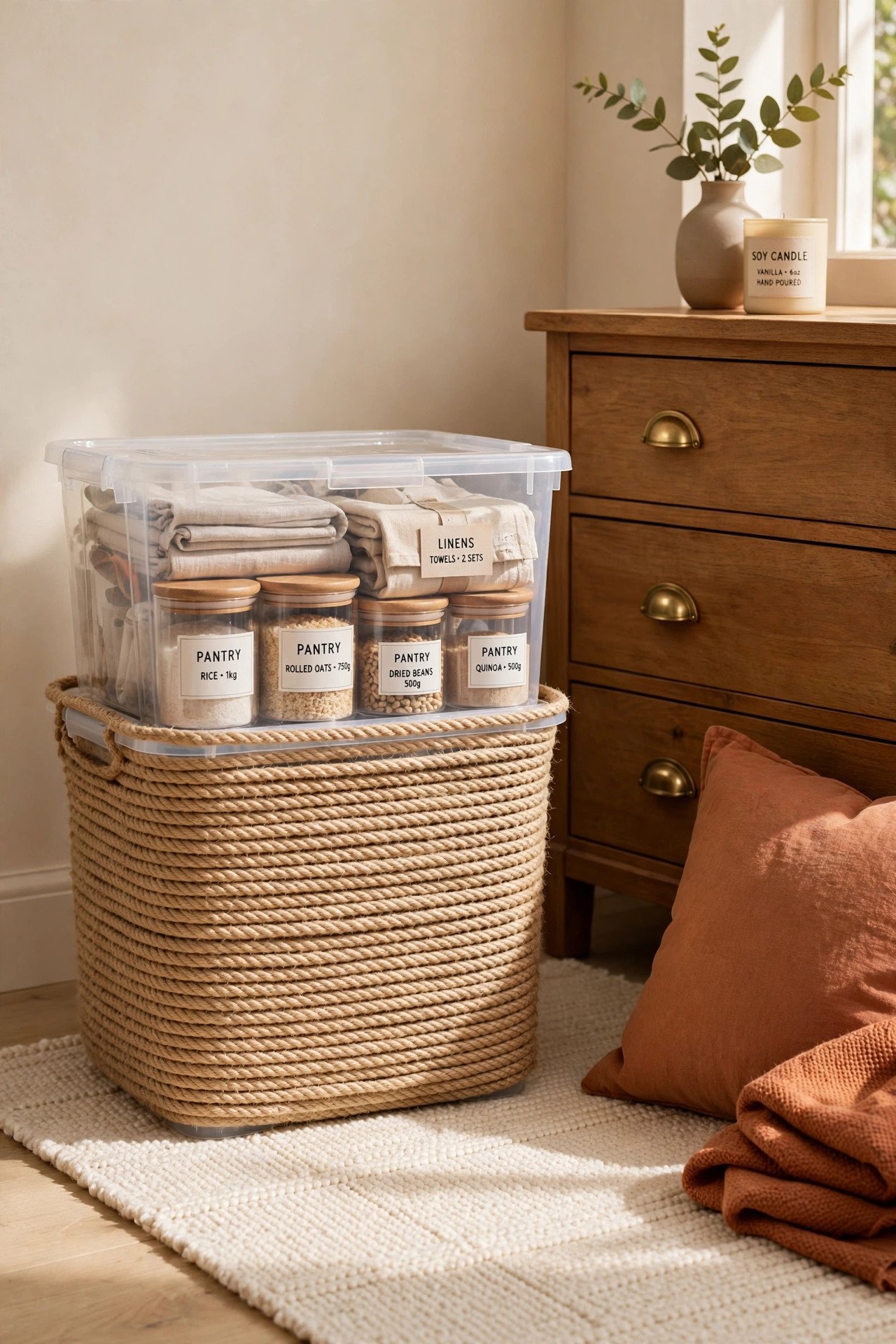 Rope wrapped storage bin made from a dollar store plastic bin covered in natural jute rope in terracotta tones