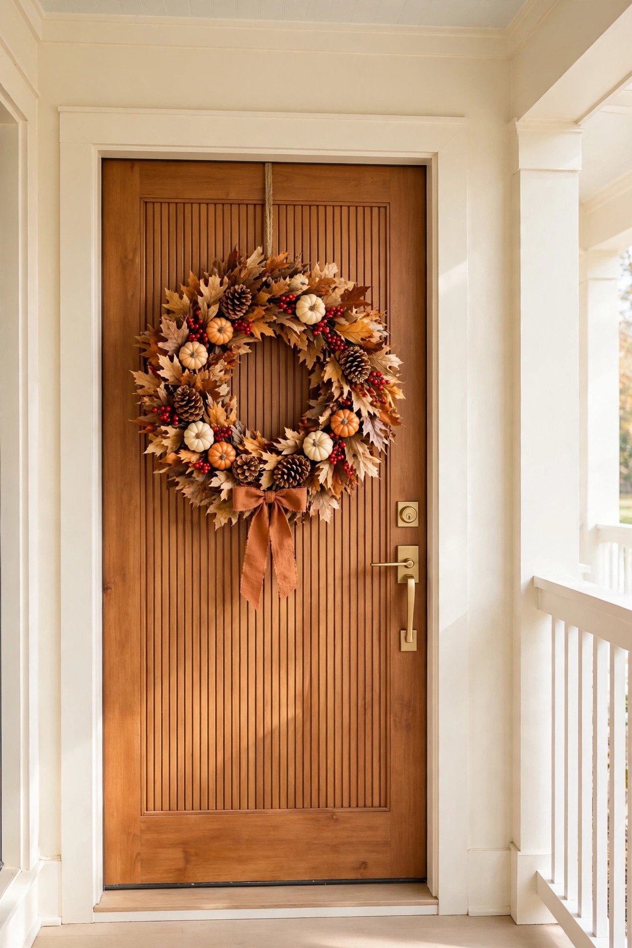 A full autumn wreath of dried leaves, berries, and pinecones hanging on a wooden front door