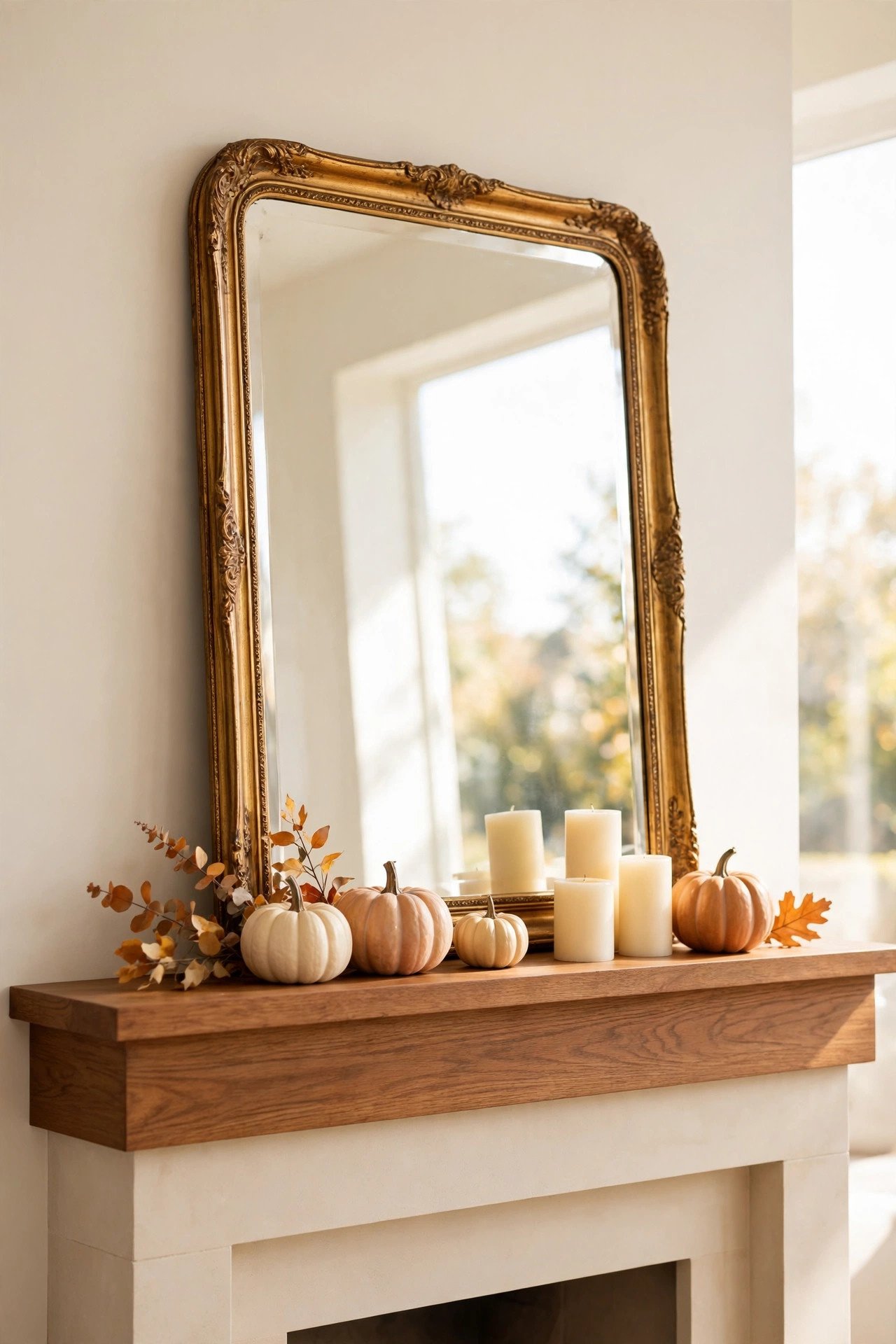 Vintage gold framed mirror leaning on a fireplace mantel behind pumpkins and candles, warm amber tones