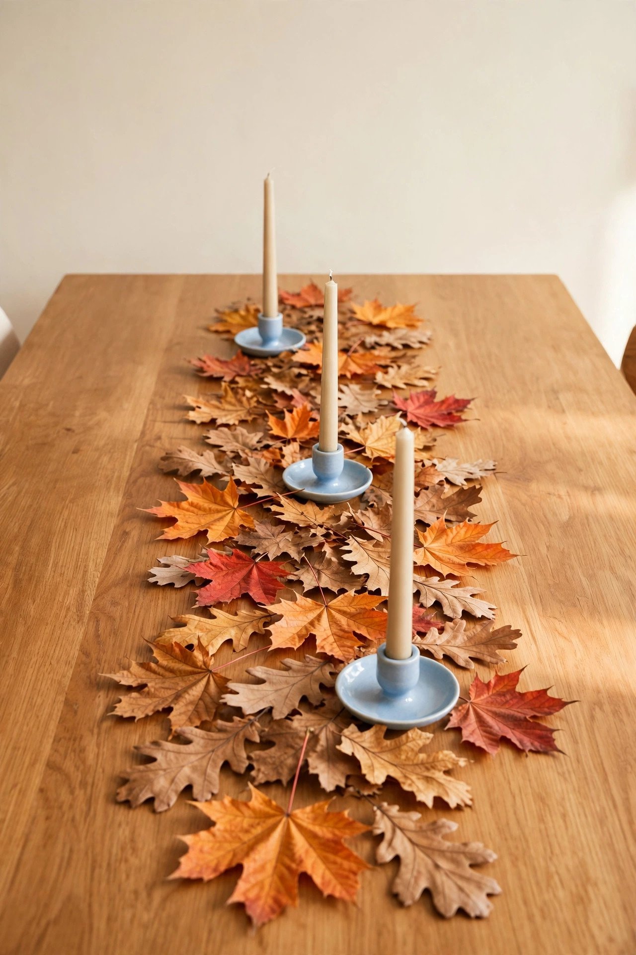 A runner of dried fall leaves down the center of a dining table