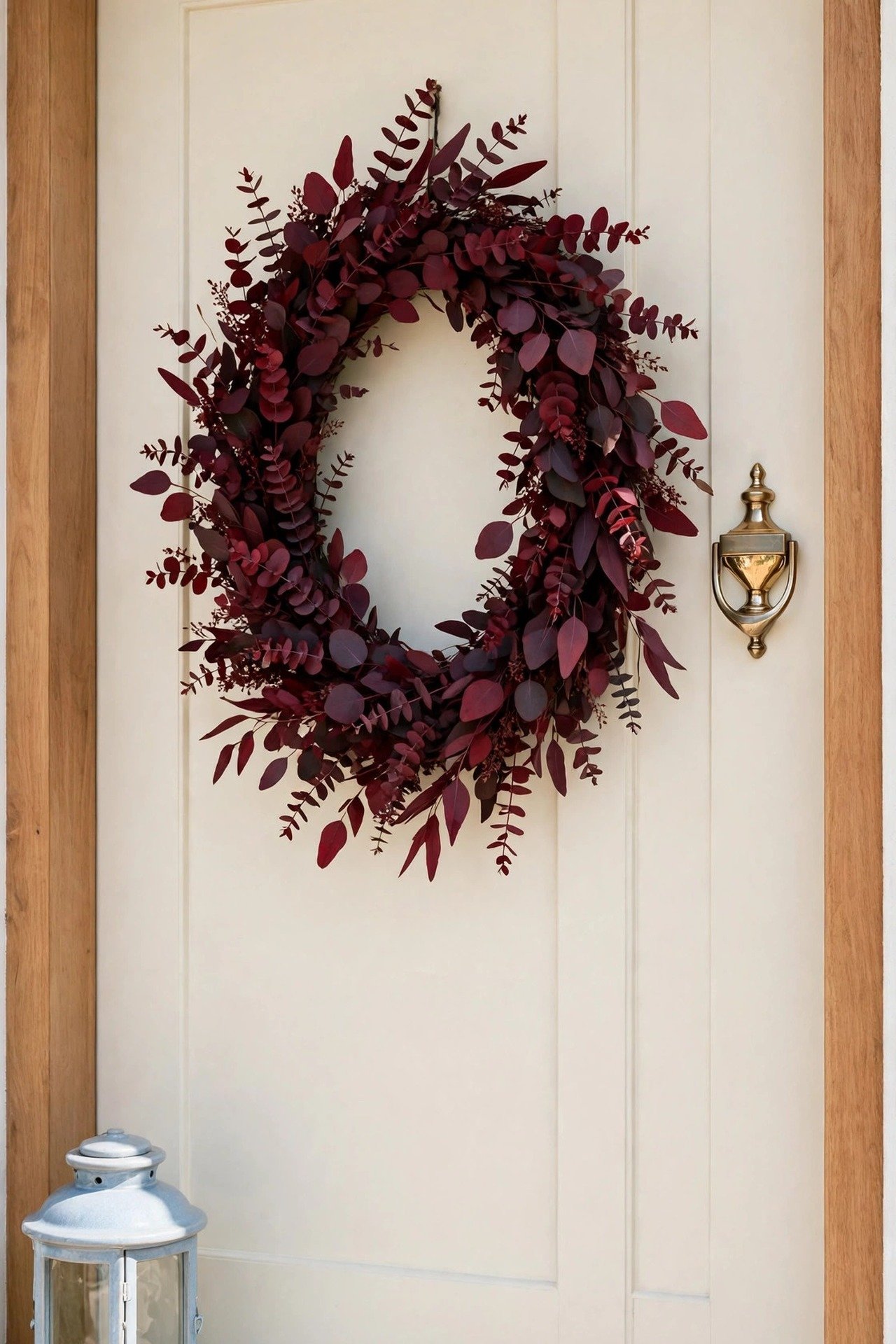 Oval wreath of deep burgundy eucalyptus branches beside a brass door knocker on a cream door