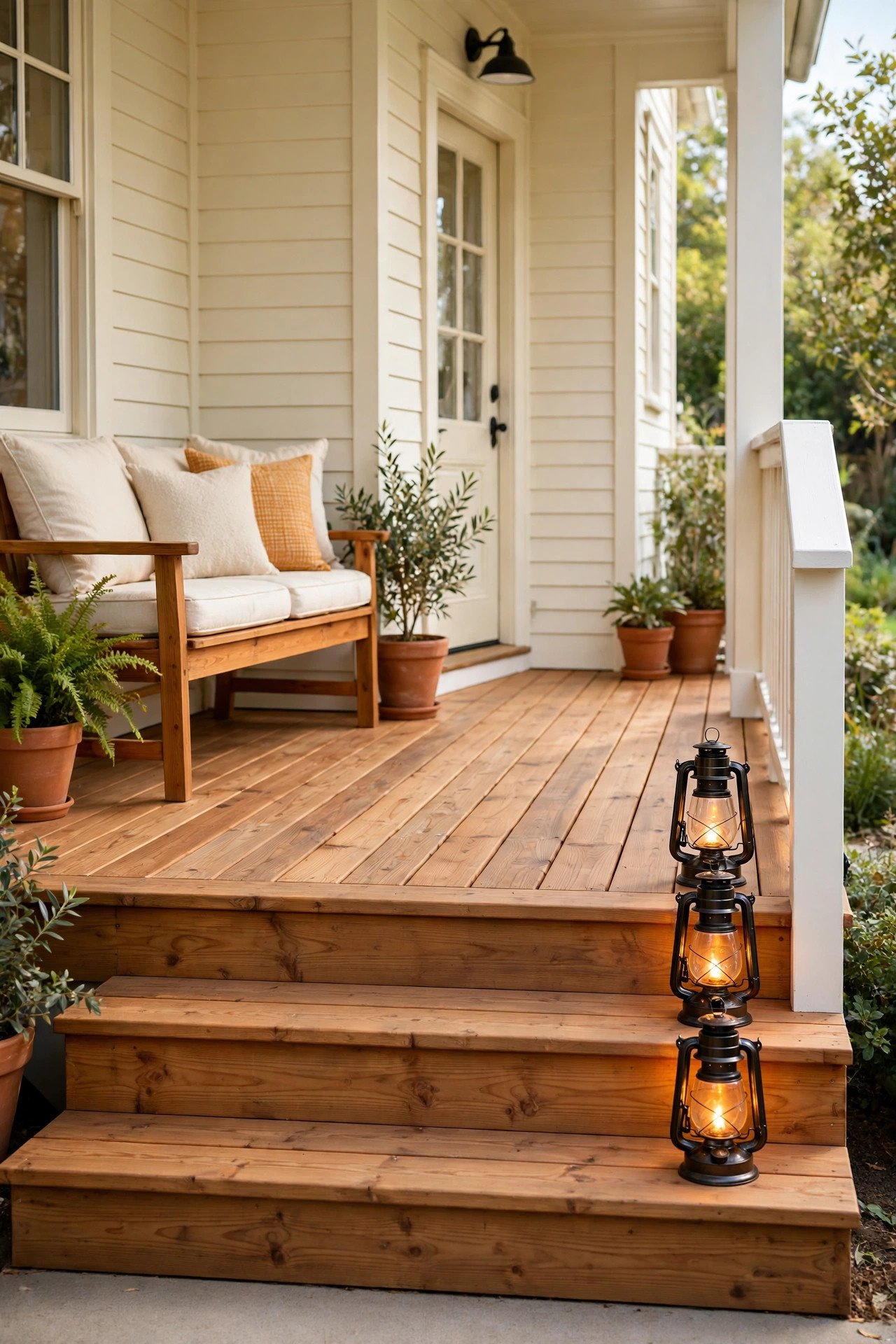 Front porch with pressure treated pine deck boards and warm lanterns