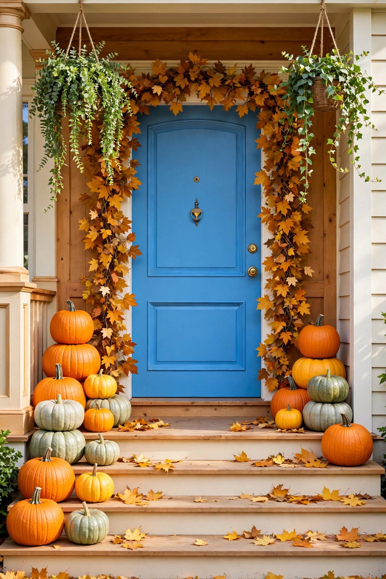 Bright blue front door surrounded by colorful pumpkins in orange, yellow, and green