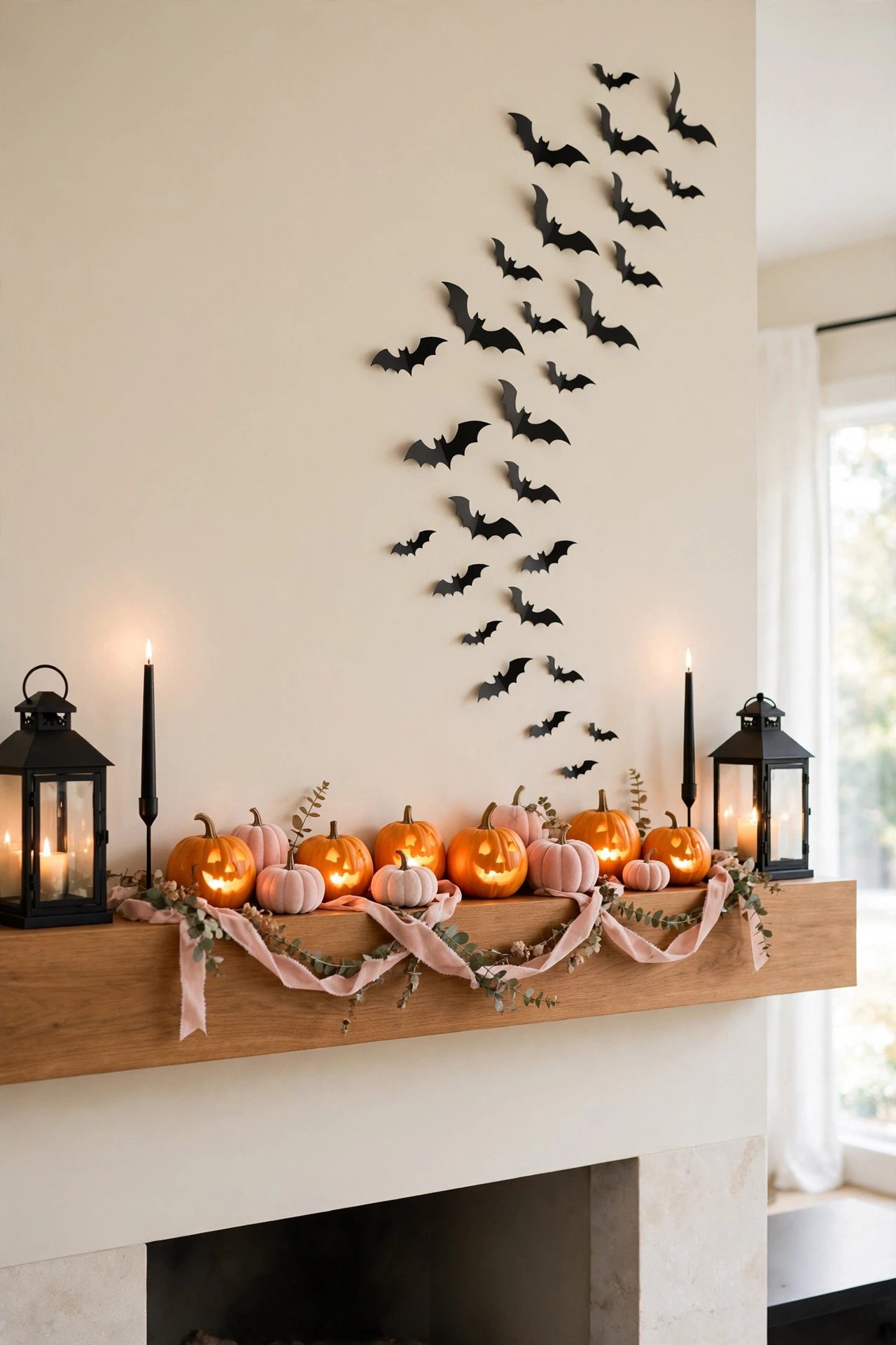 Mantel with glowing pumpkins, slim candles and paper bats trailing up the wall