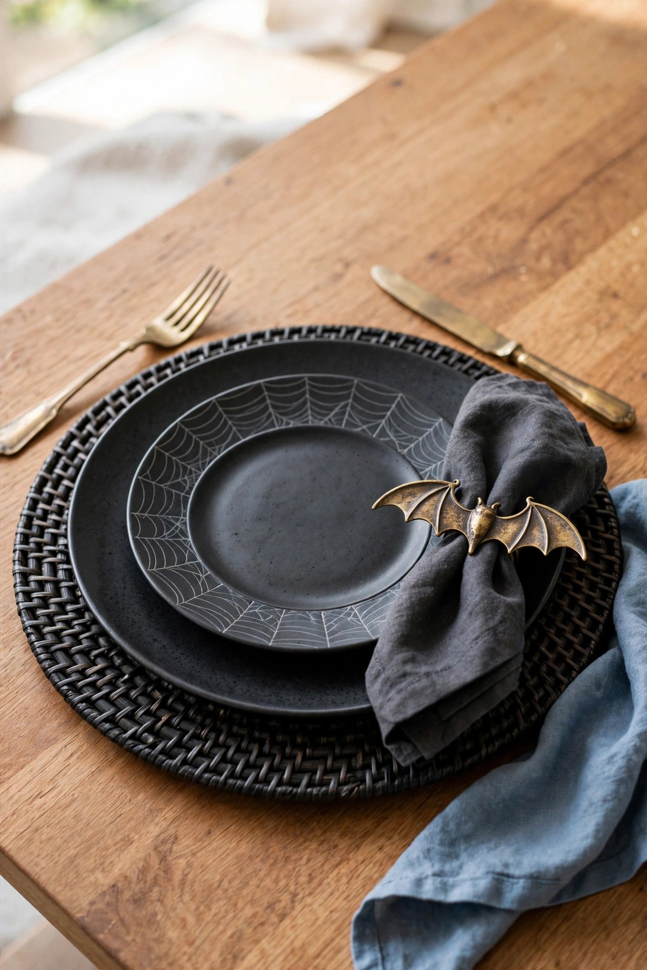 Halloween place setting with black stoneware plates on gold chargers and charcoal napkins