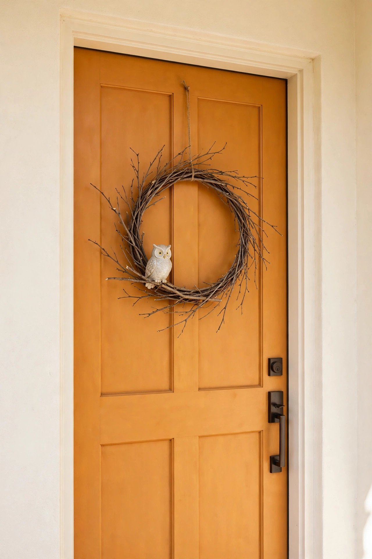 Halloween wreath with a ceramic owl figure perched on a bare twig ring on a front door