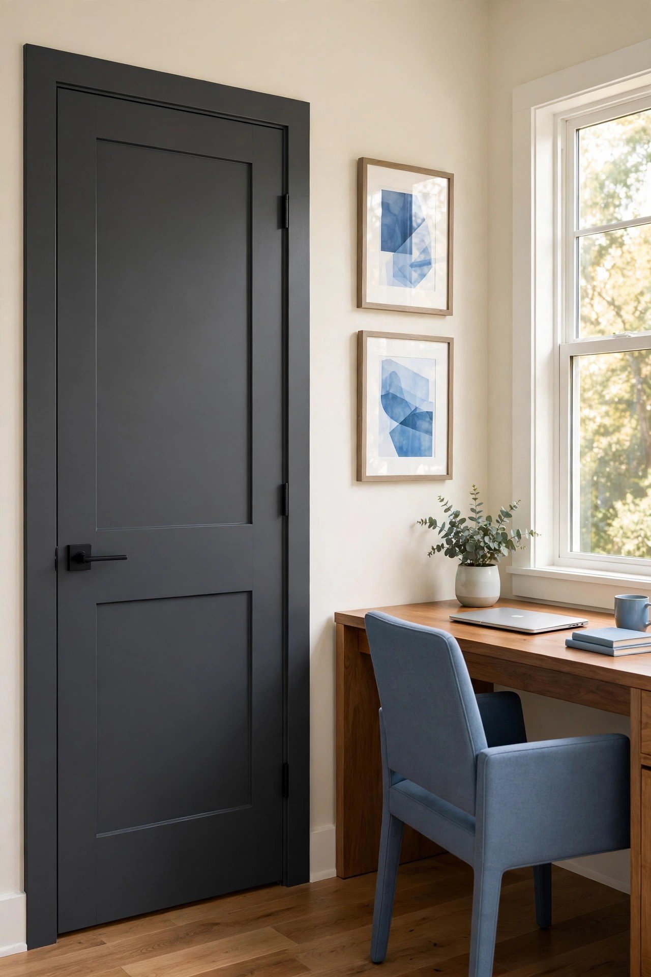 Rich charcoal gray painted interior door with modern sophisticated look