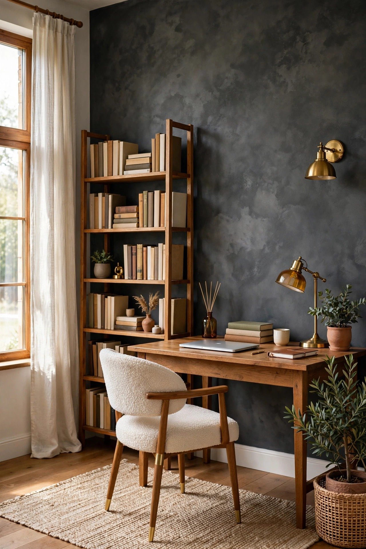 Charcoal limewash wall with subtle texture in a moody home office with desk and bookshelf