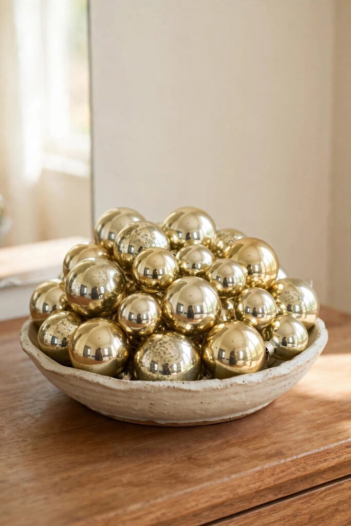 Mercury glass ornaments in a ceramic dish adding shine to Christmas vanity decor with rustic charm