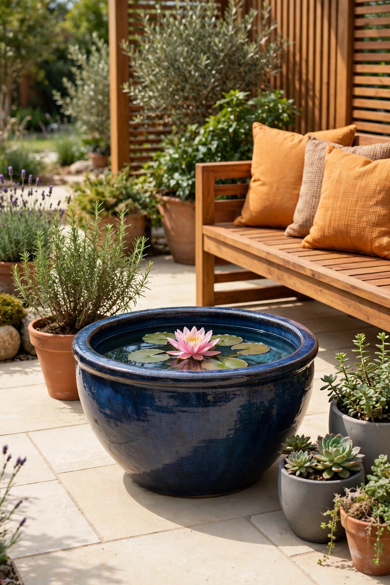 Glazed ceramic bowl pond as a garden centerpiece
