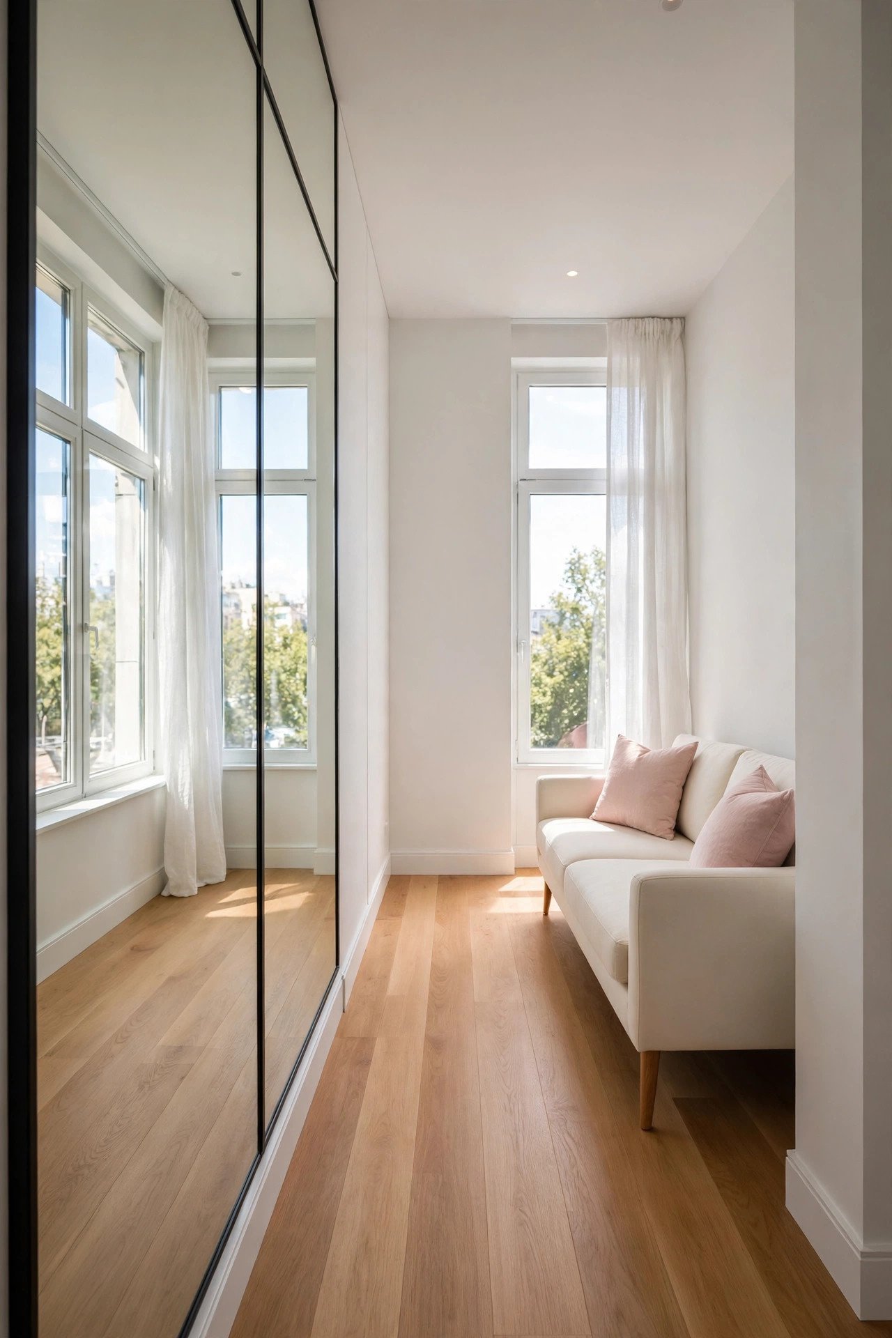 Large mirror in a narrow living room reflecting the window and doubling the sense of space