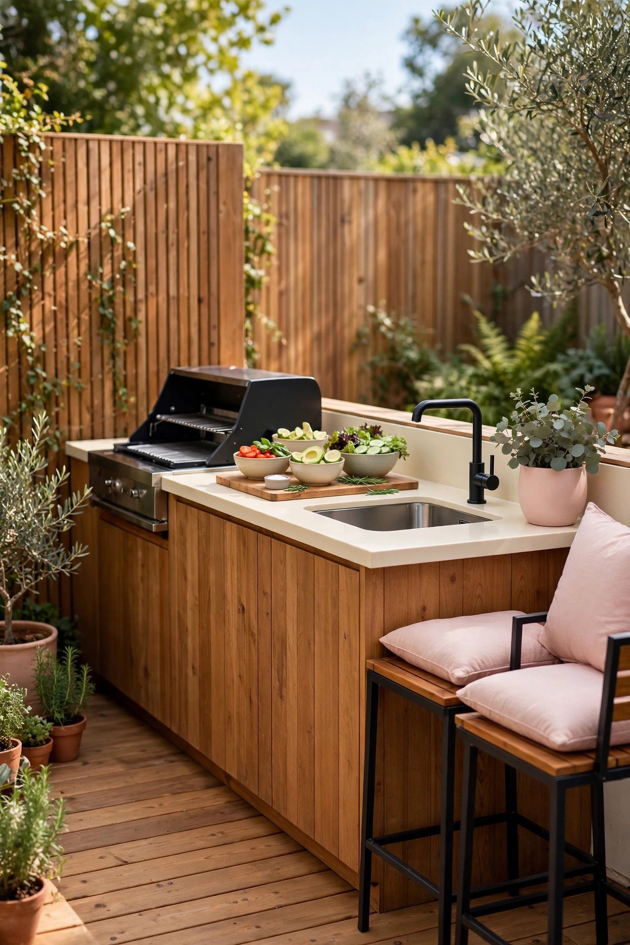 Compact deck outdoor kitchen with a single counter run, grill, sink, and stools