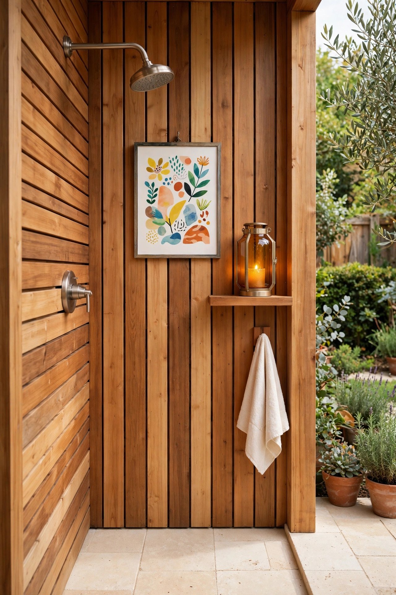 Outdoor shower nook with a small framed waterproof artwork and amber accents