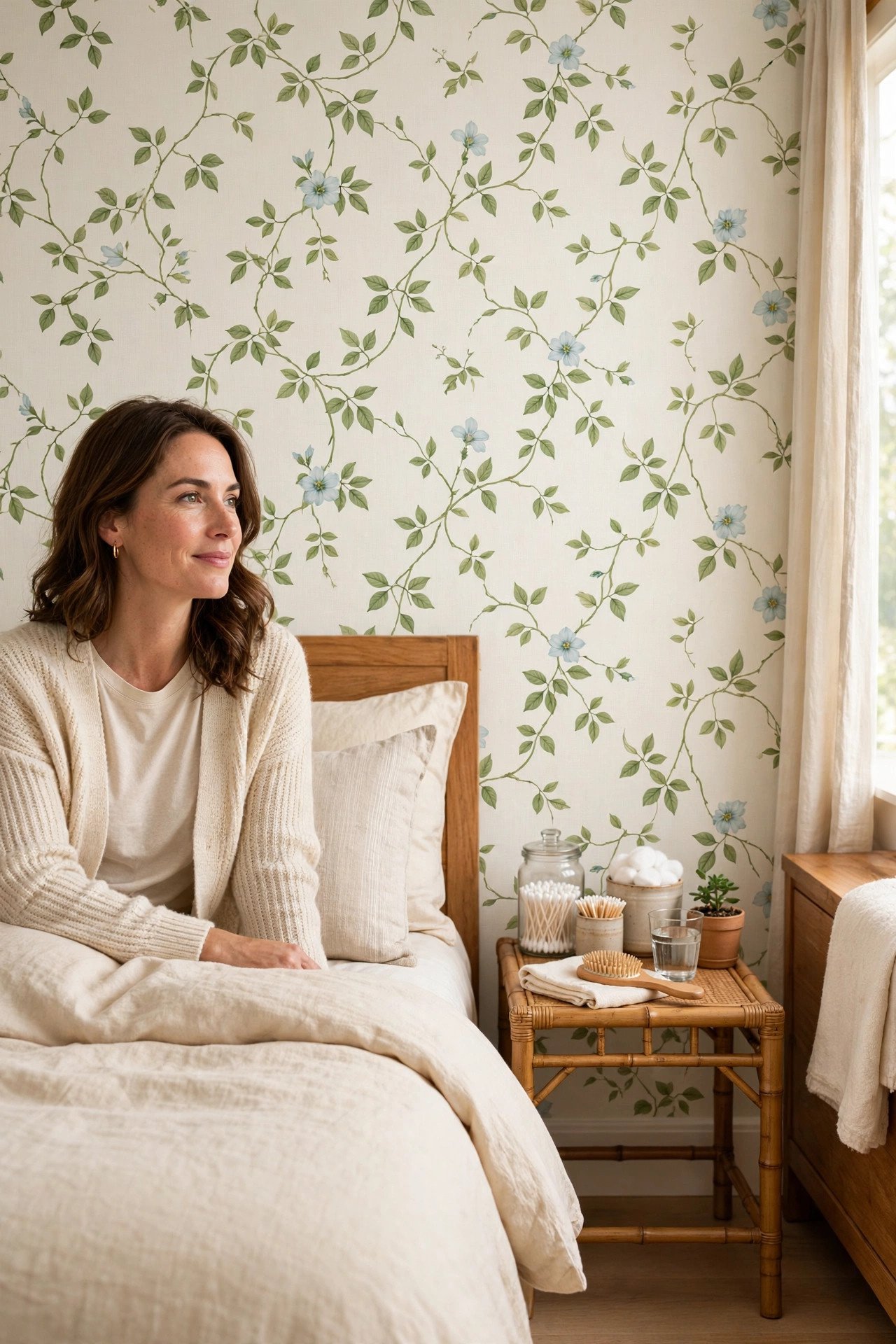 Soft leafy vine peel and stick wallpaper with blue flowers on a cream base in a calm bedroom