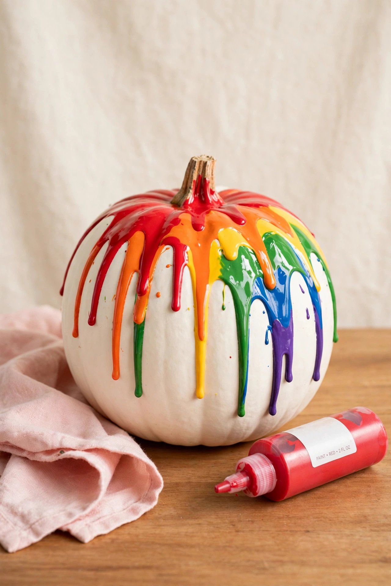 White pumpkin with thick rainbow paint drips pouring from the stem down the sides