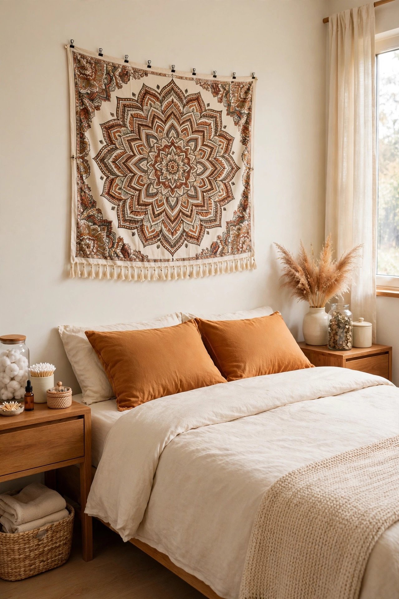 Fabric wall tapestry with a boho mandala print hung with clips in amber tones