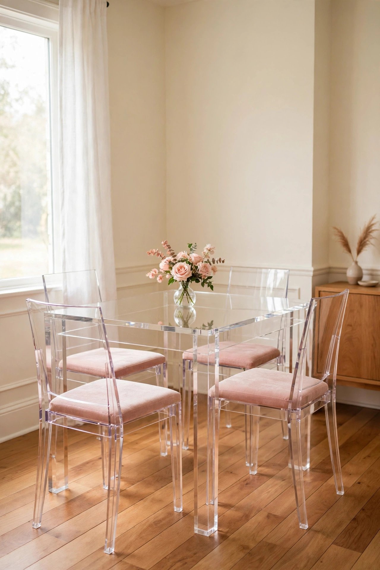 Clear acrylic dining table layout idea making a small dining room feel open and airy