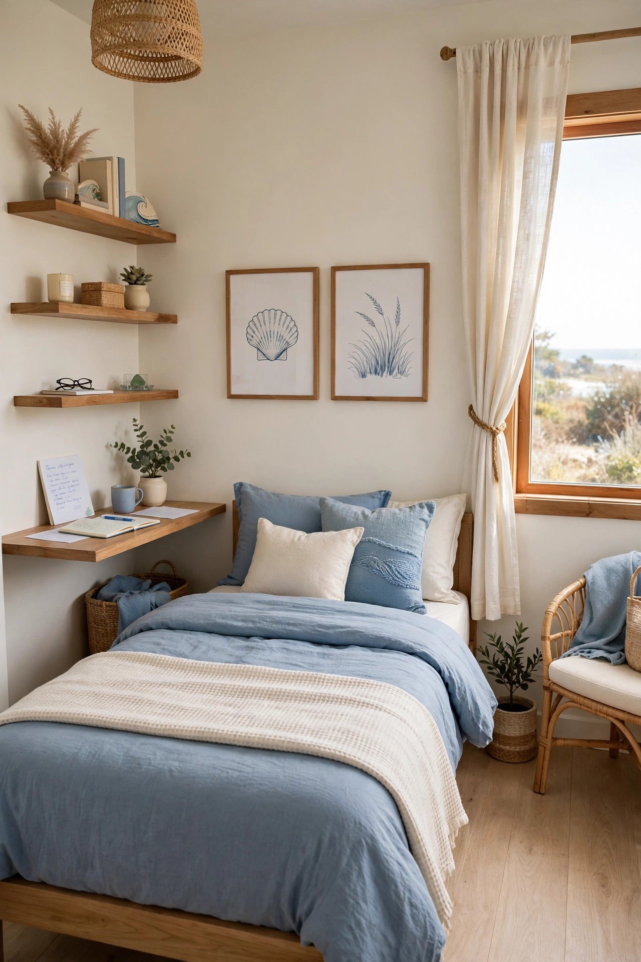 Coastal-inspired small guest room layout with a slim wall desk, floating shelves, and soft blue bedding