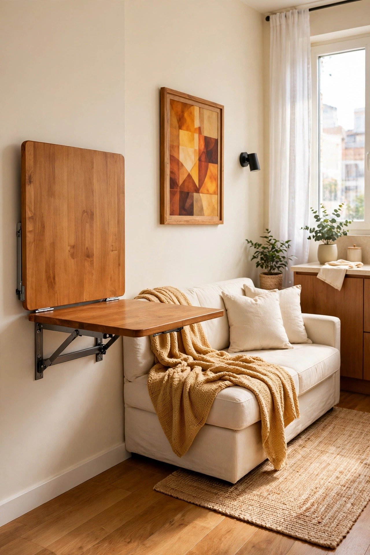 Wall-mounted fold-down dining table in a small studio, freed floor space around the living area