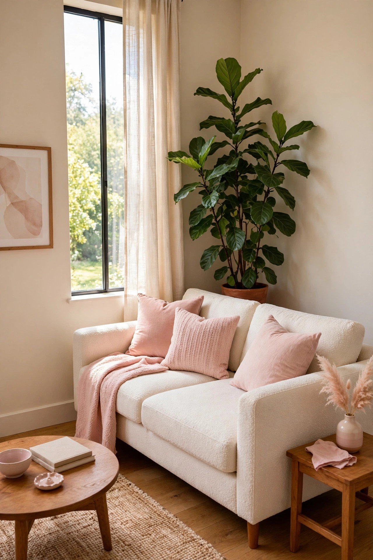 Small living room layout ideas with a sofa placed diagonally in the corner and a tall plant filling the space behind it