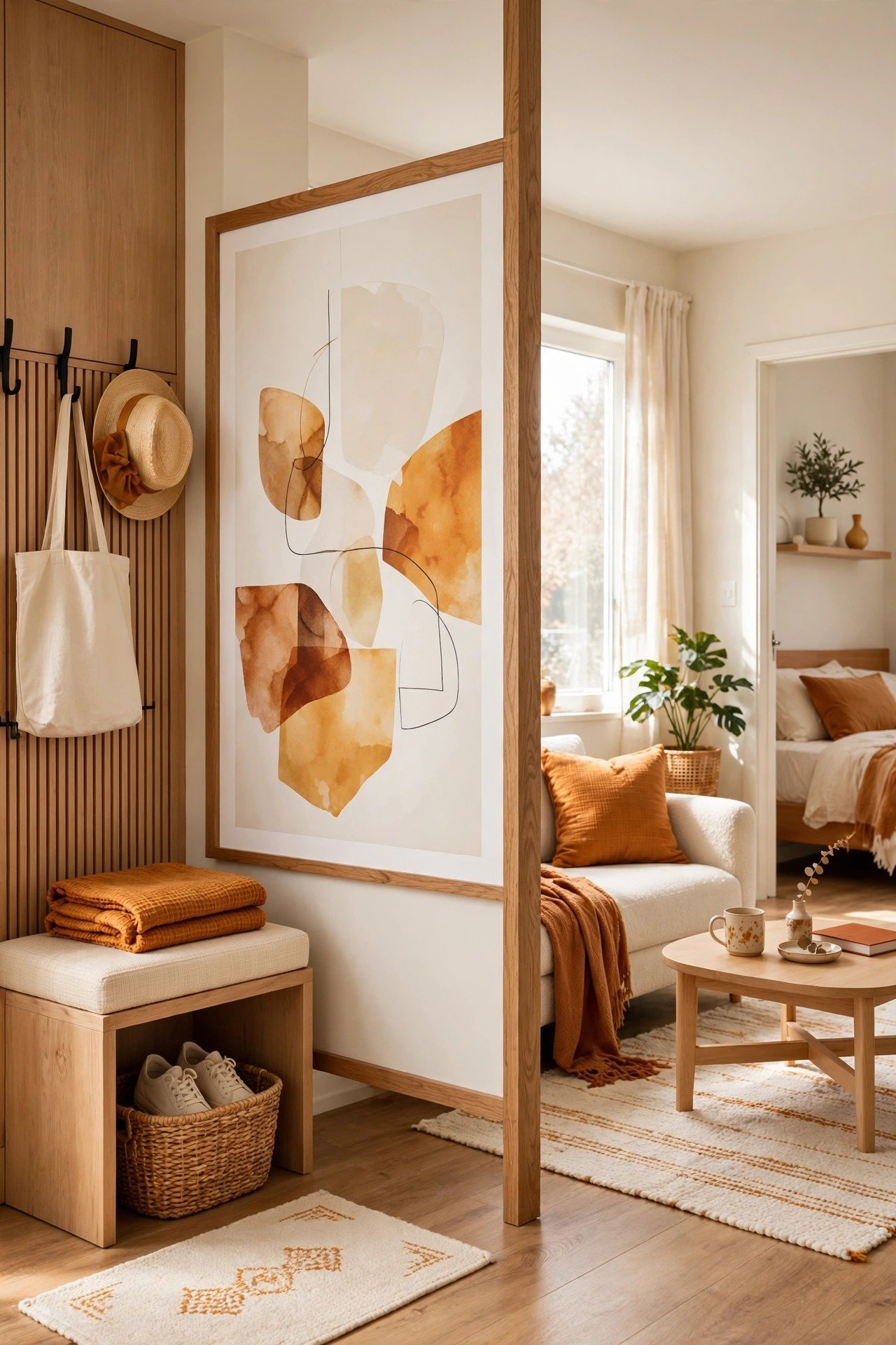Small one bedroom apartment layout ideas using a large framed art print to visually separate the entryway from the living room