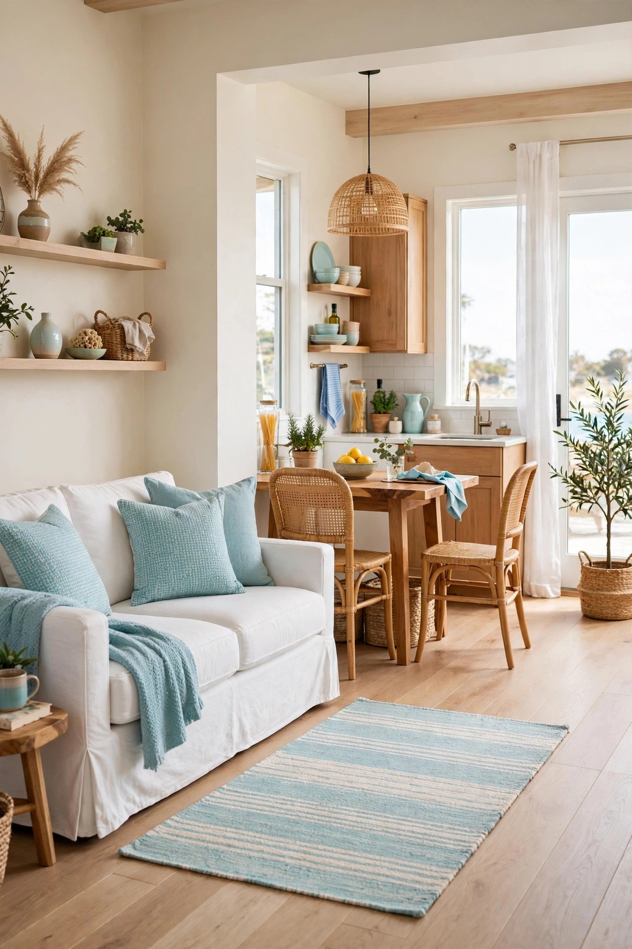 Colorful coastal small open plan living room with aqua blue accents, white slipcovered sofa, and light wood floors