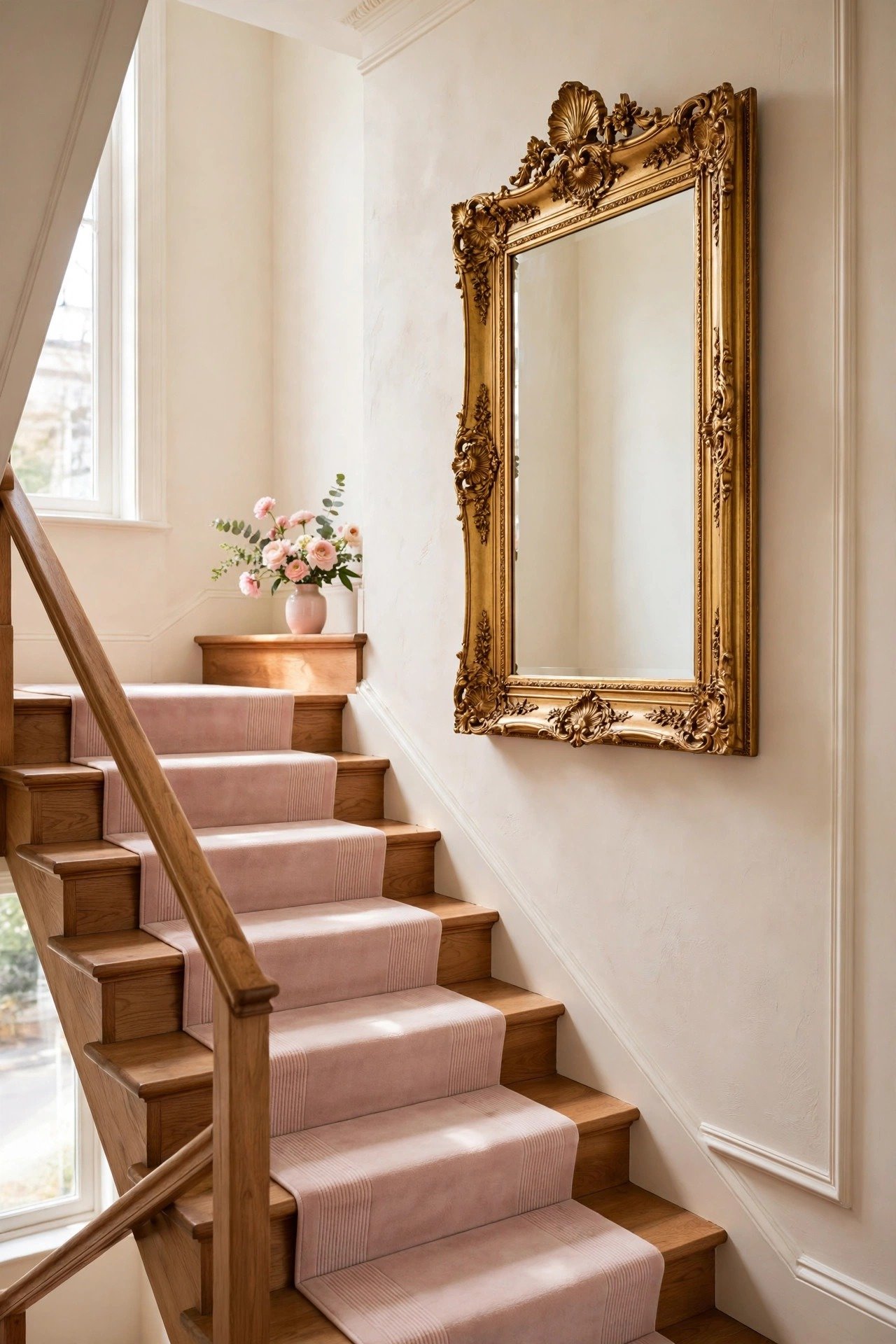 Large statement mirror with a gold frame on a staircase wall