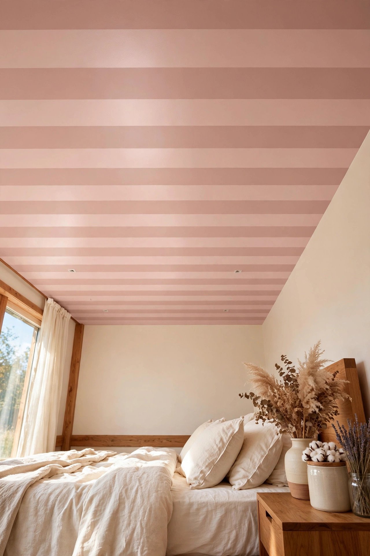 Tone on tone blush pink striped ceiling with subtle sheen difference in a cozy bedroom