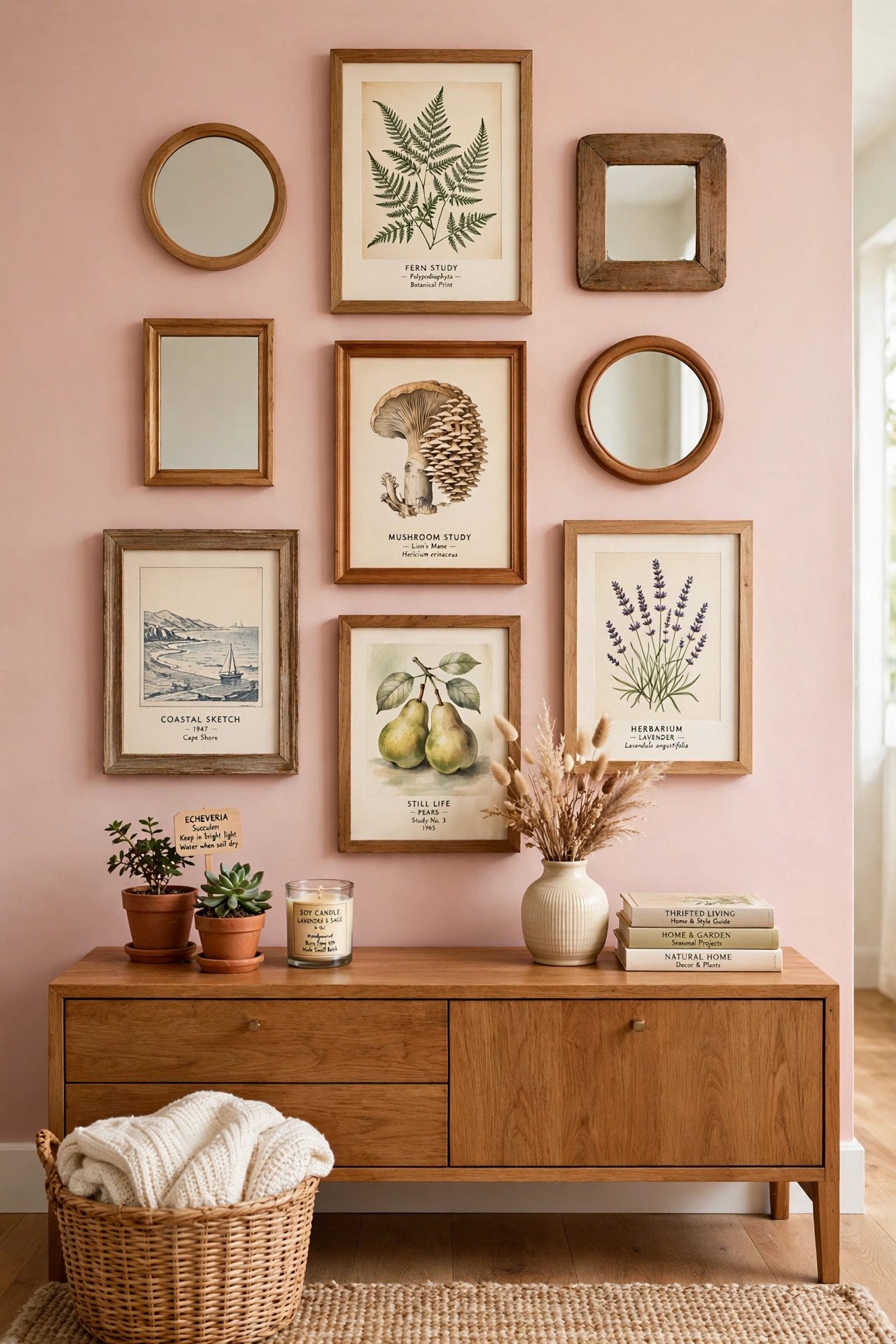 Gallery wall made of thrifted art and mirrors in mixed frames on a blush pink wall