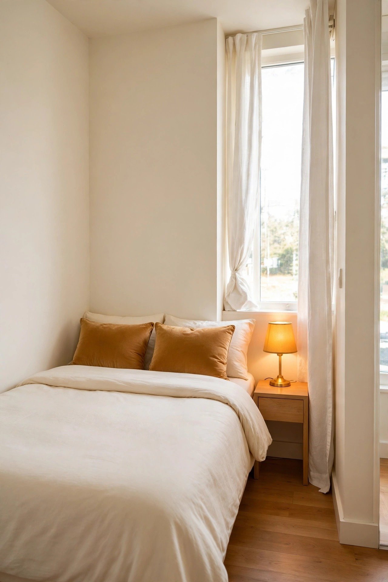 Tiny studio apartment layout idea with the bed pushed against the wall in a cozy amber lit corner of the studio