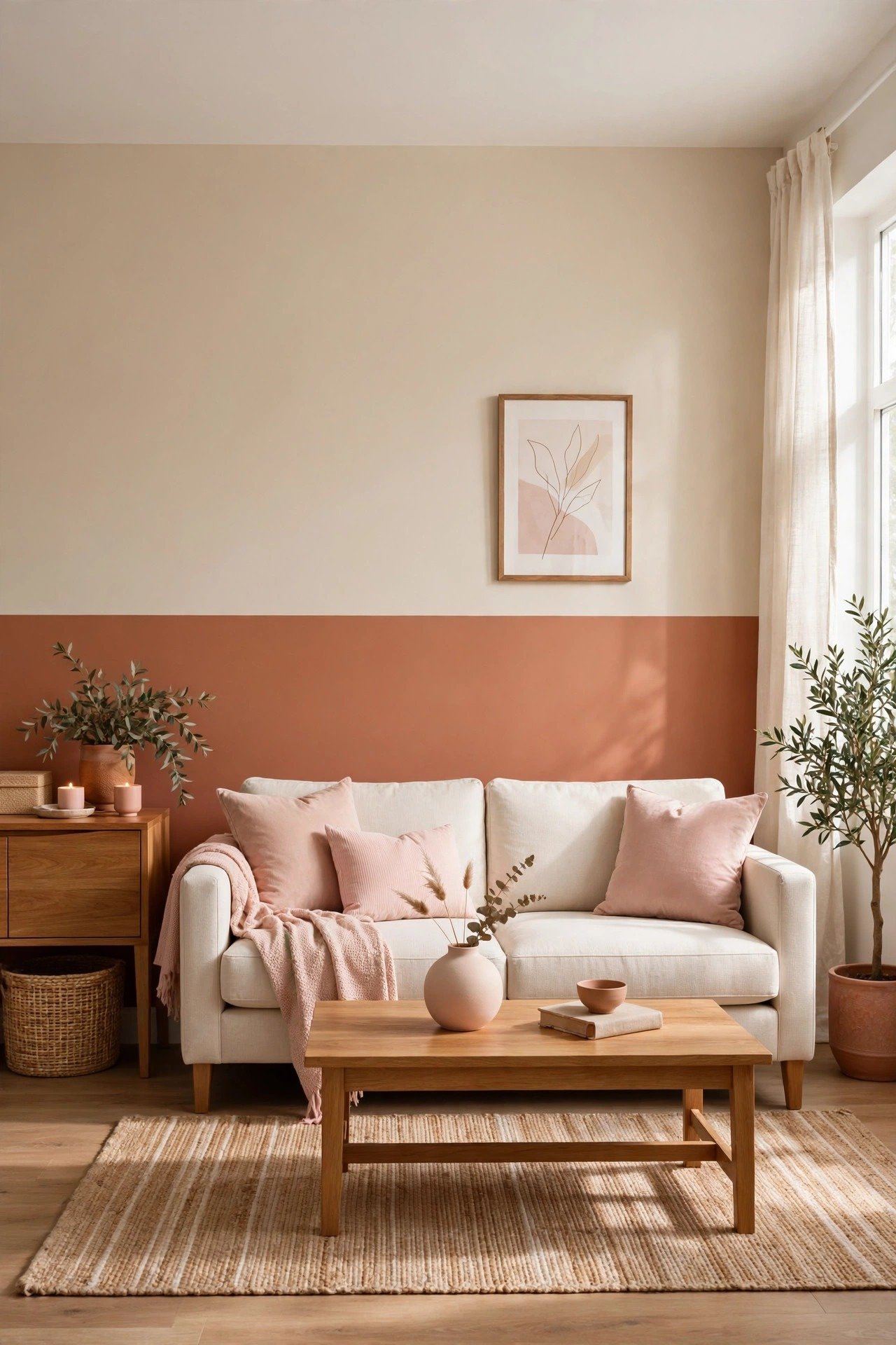Beige and terracotta two tone wall paint ideas with warm earthy tones split across a cozy living room wall
