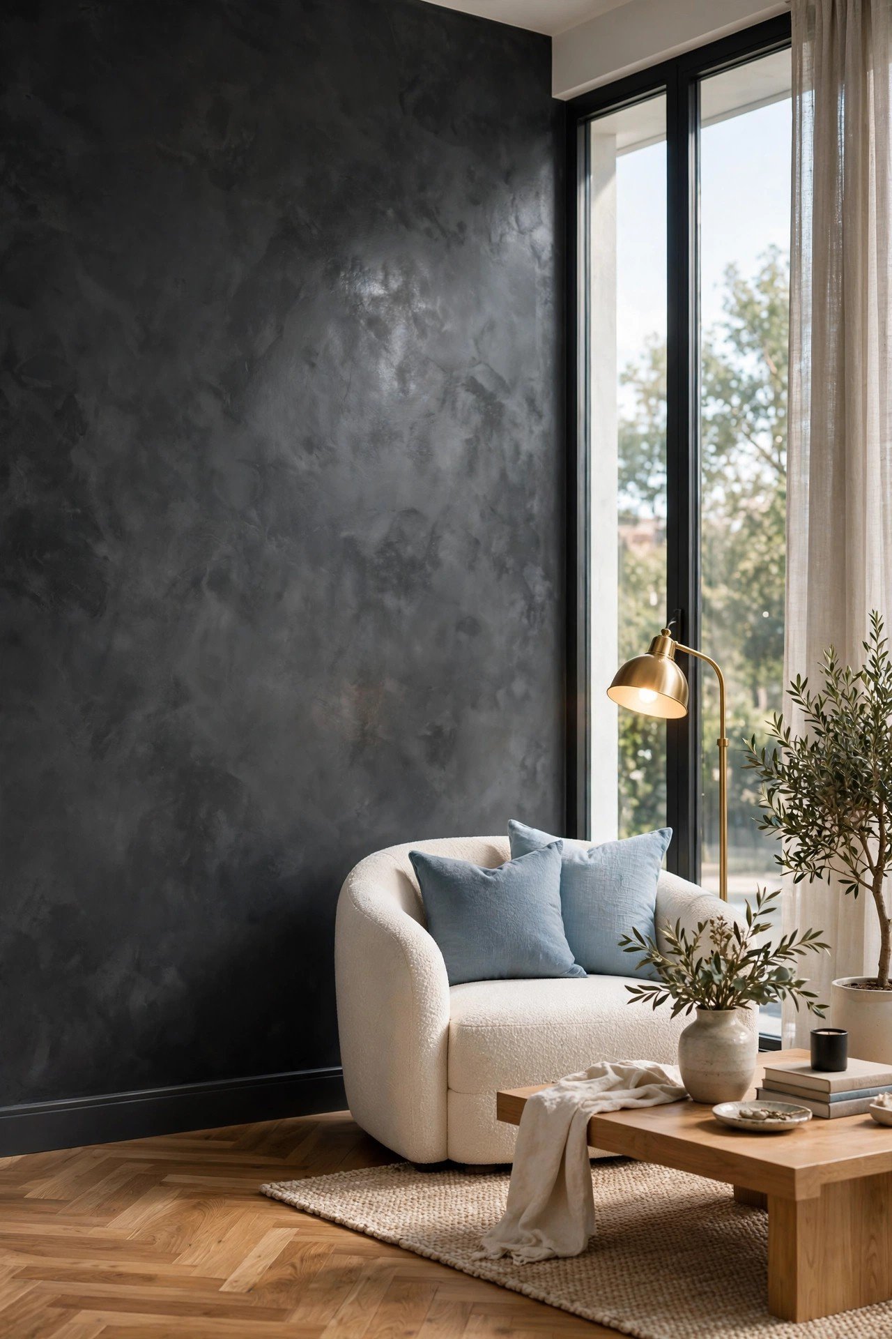 Dramatic charcoal grey Venetian plaster wall in a modern living room with brass lamp