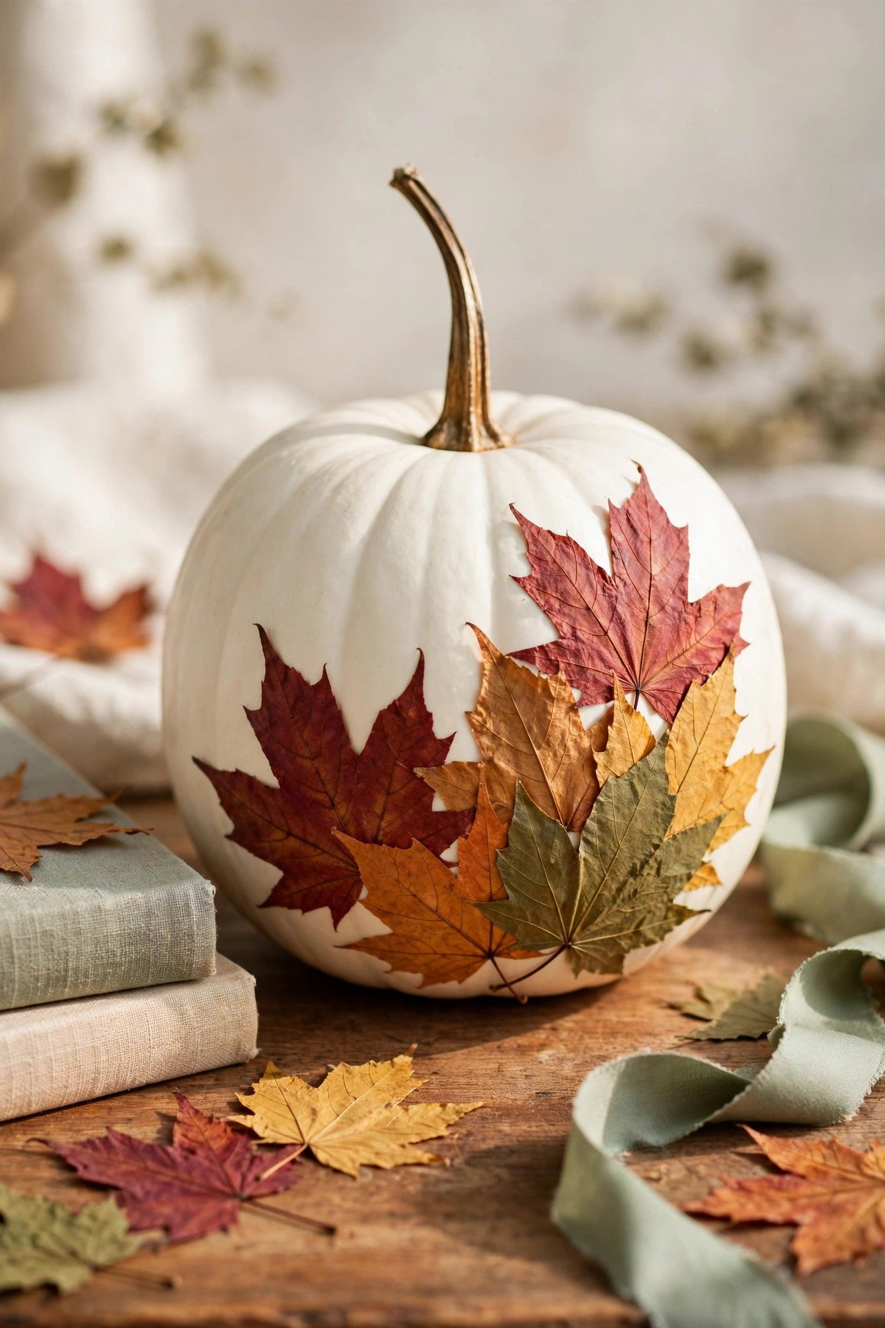 White pumpkin decorated with pressed autumn leaves on a rustic wooden table