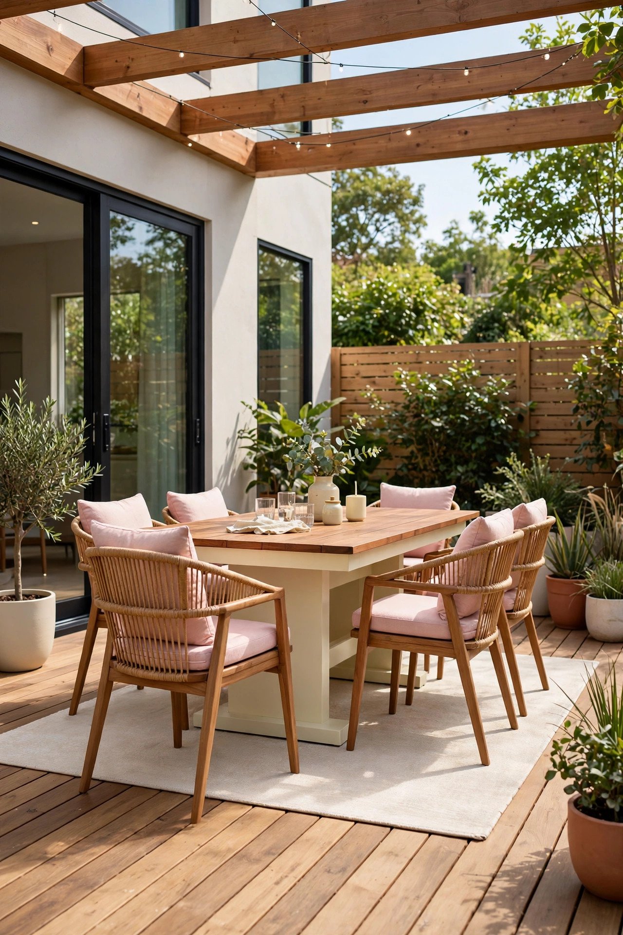 Modern wooden deck with dining table and stylish outdoor chairs