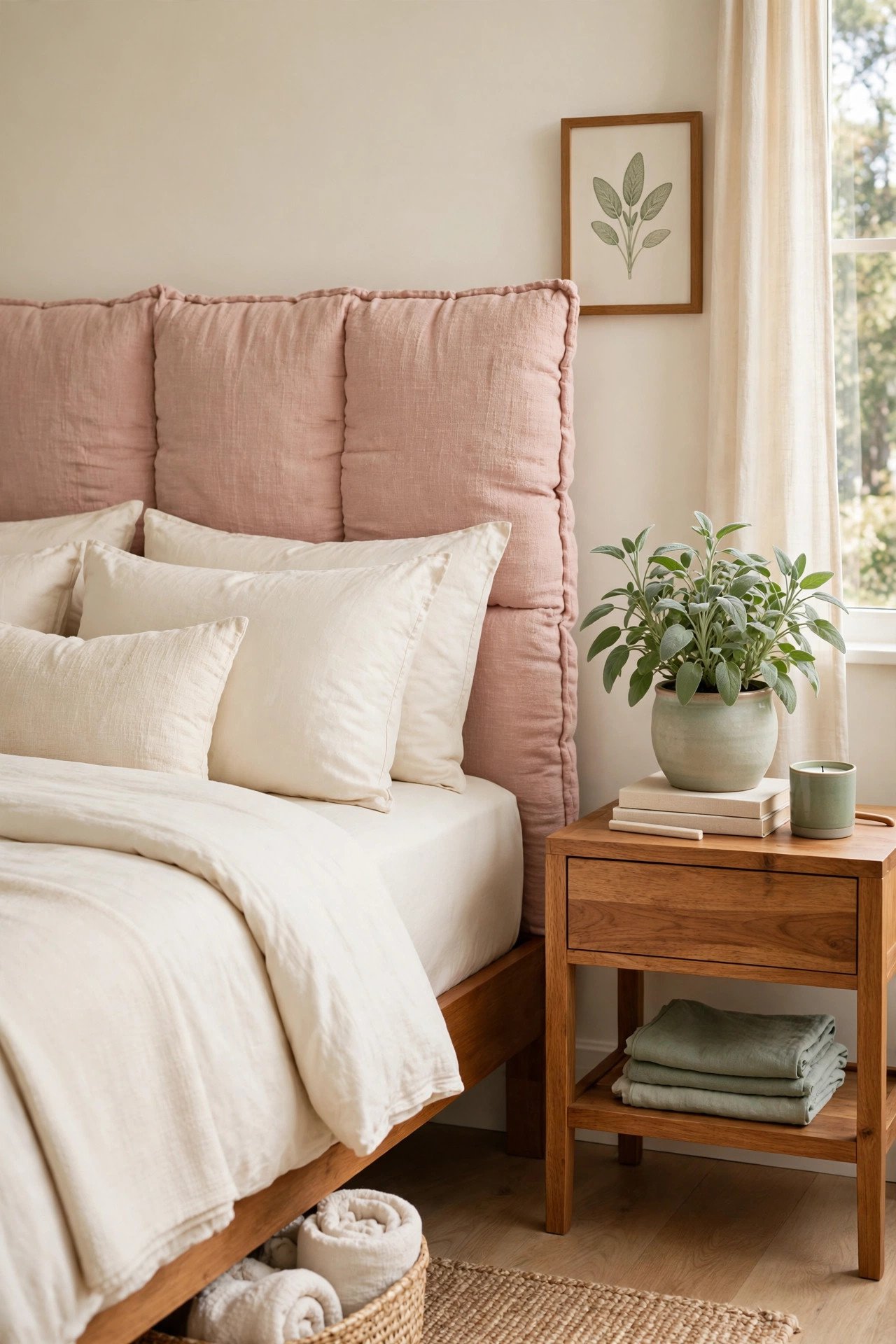 Bed with a handmade fabric headboard in blush pink