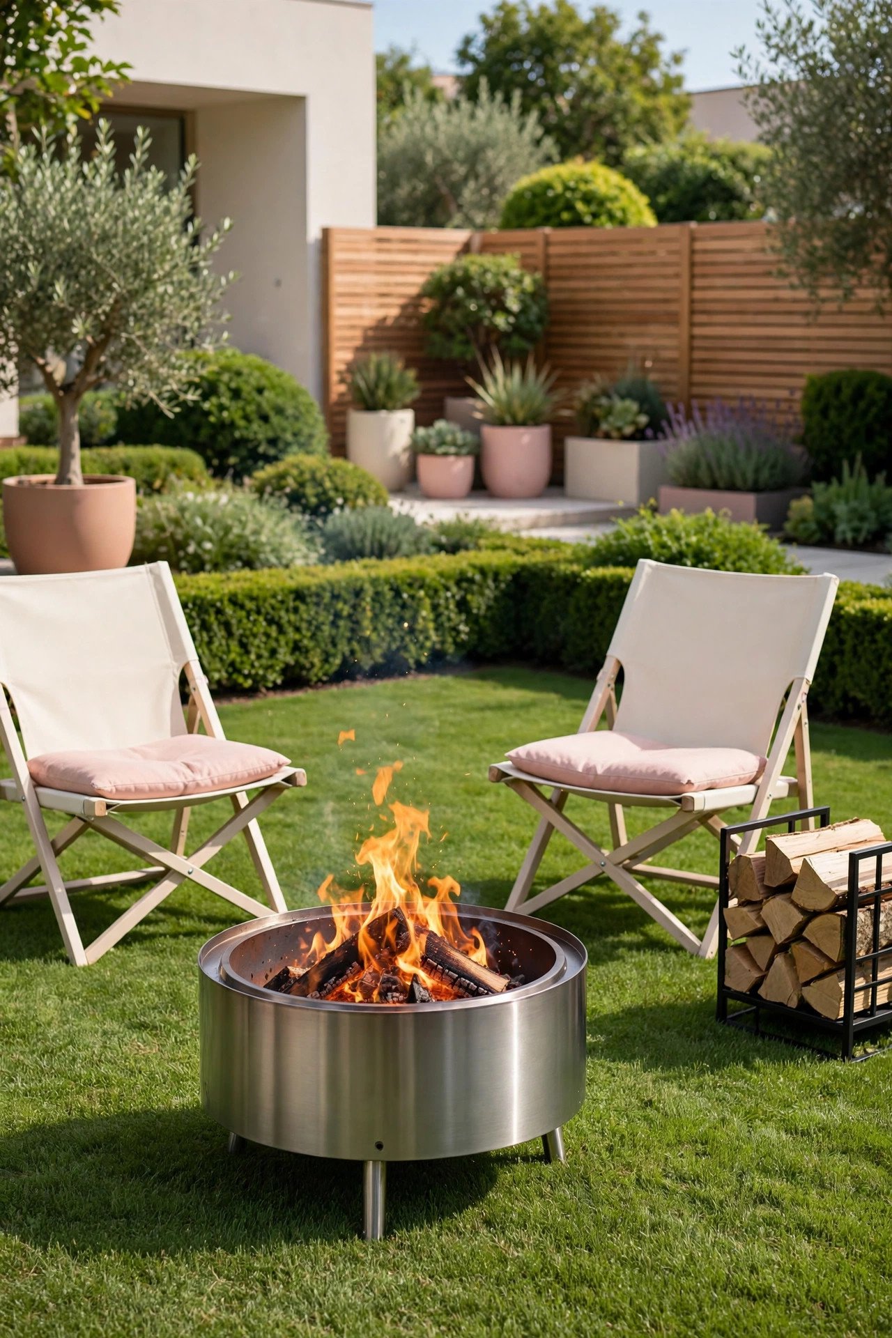 Portable steel fire pit with blush pink cushions on a backyard lawn
