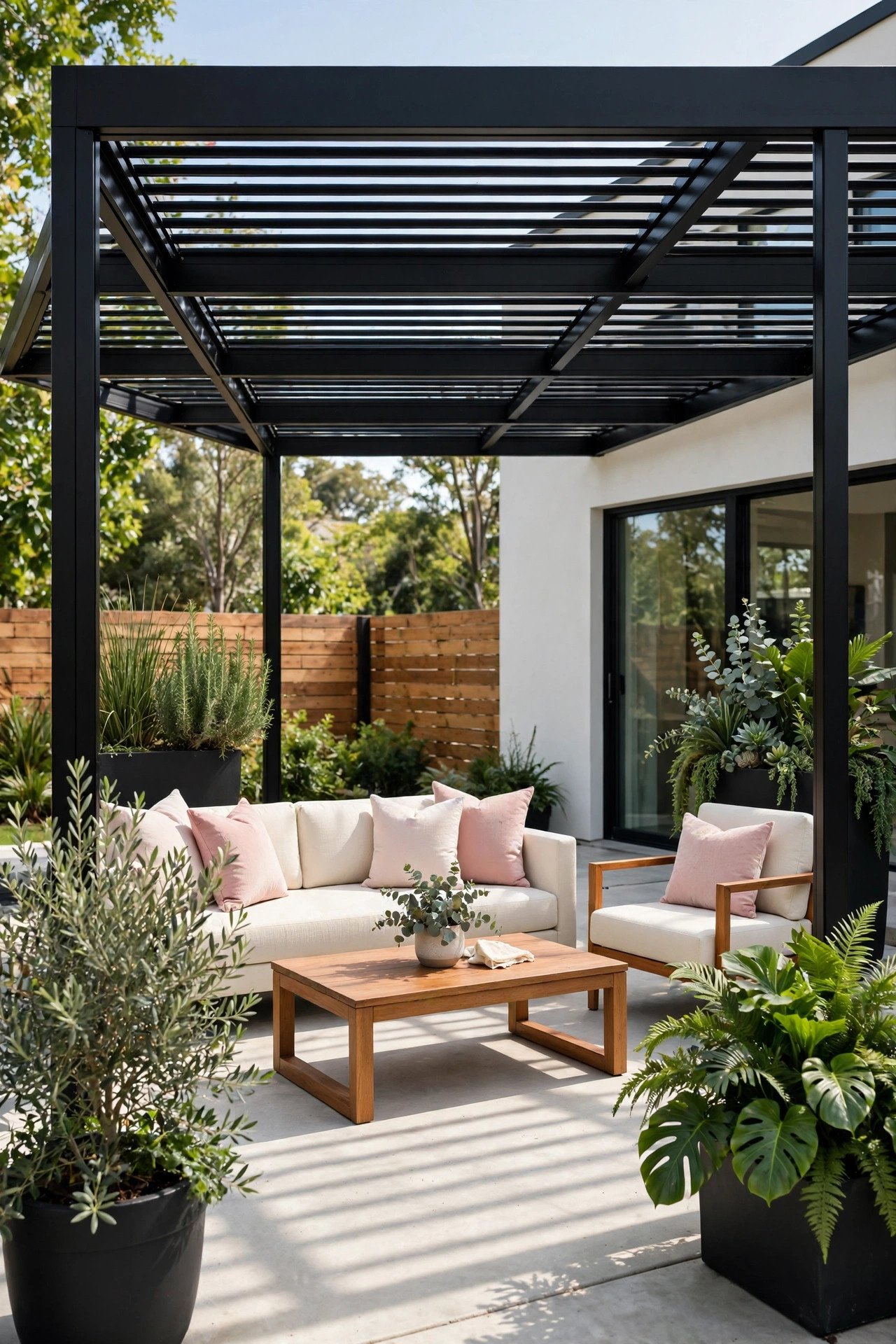 Modern black metal pergola with minimalist patio furniture
