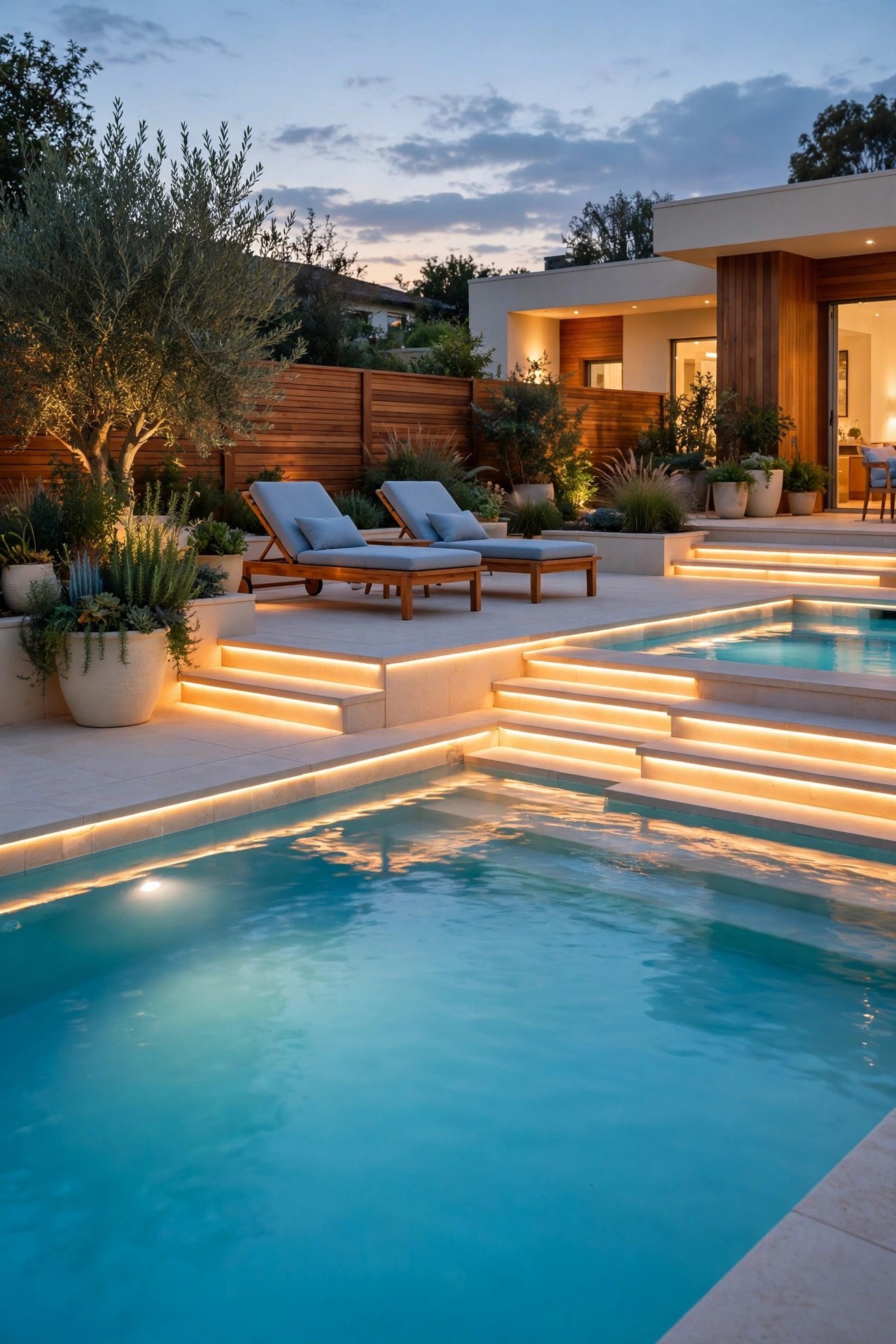 Pool deck with warm built-in lighting at dusk