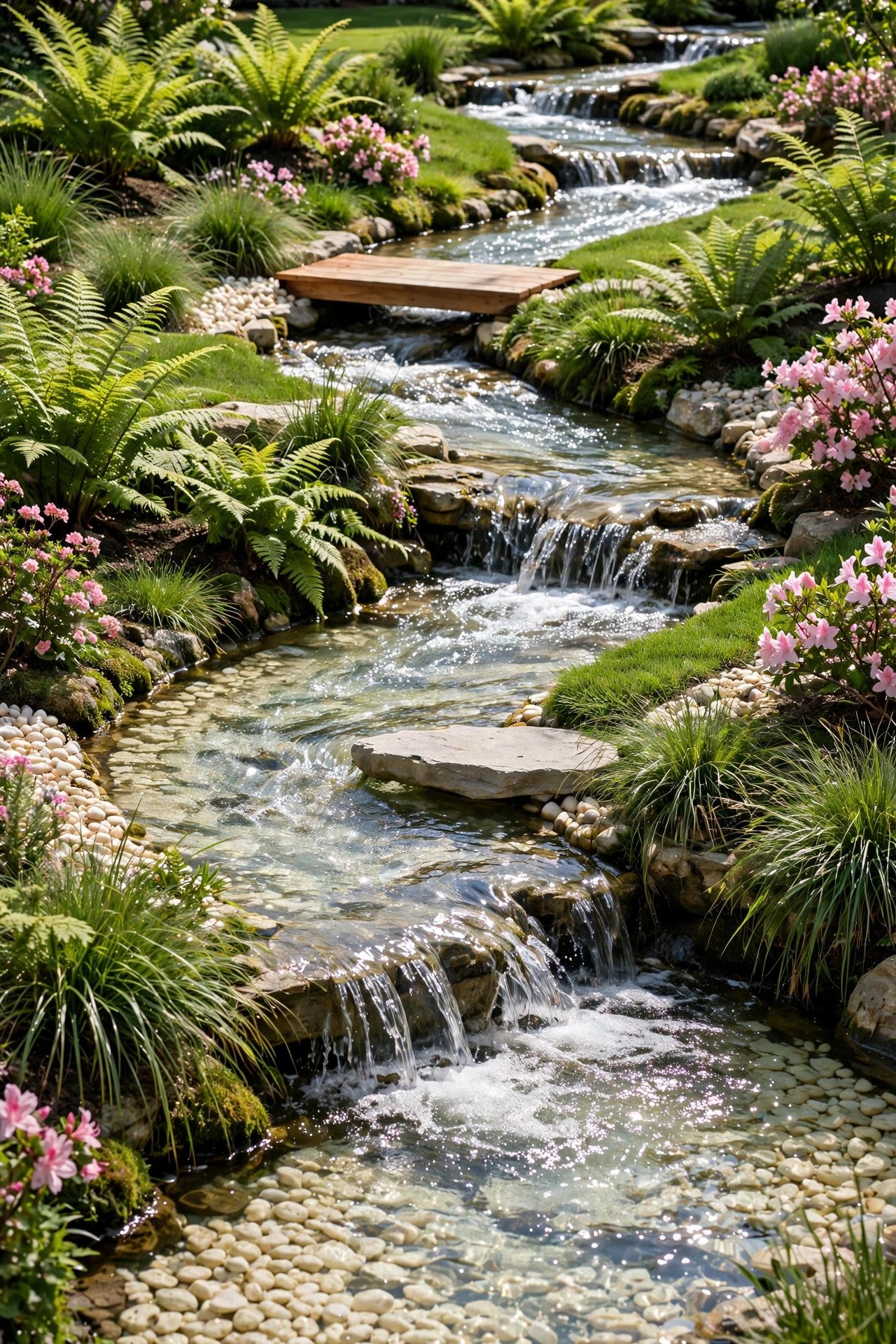 Meandering garden stream with small waterfalls