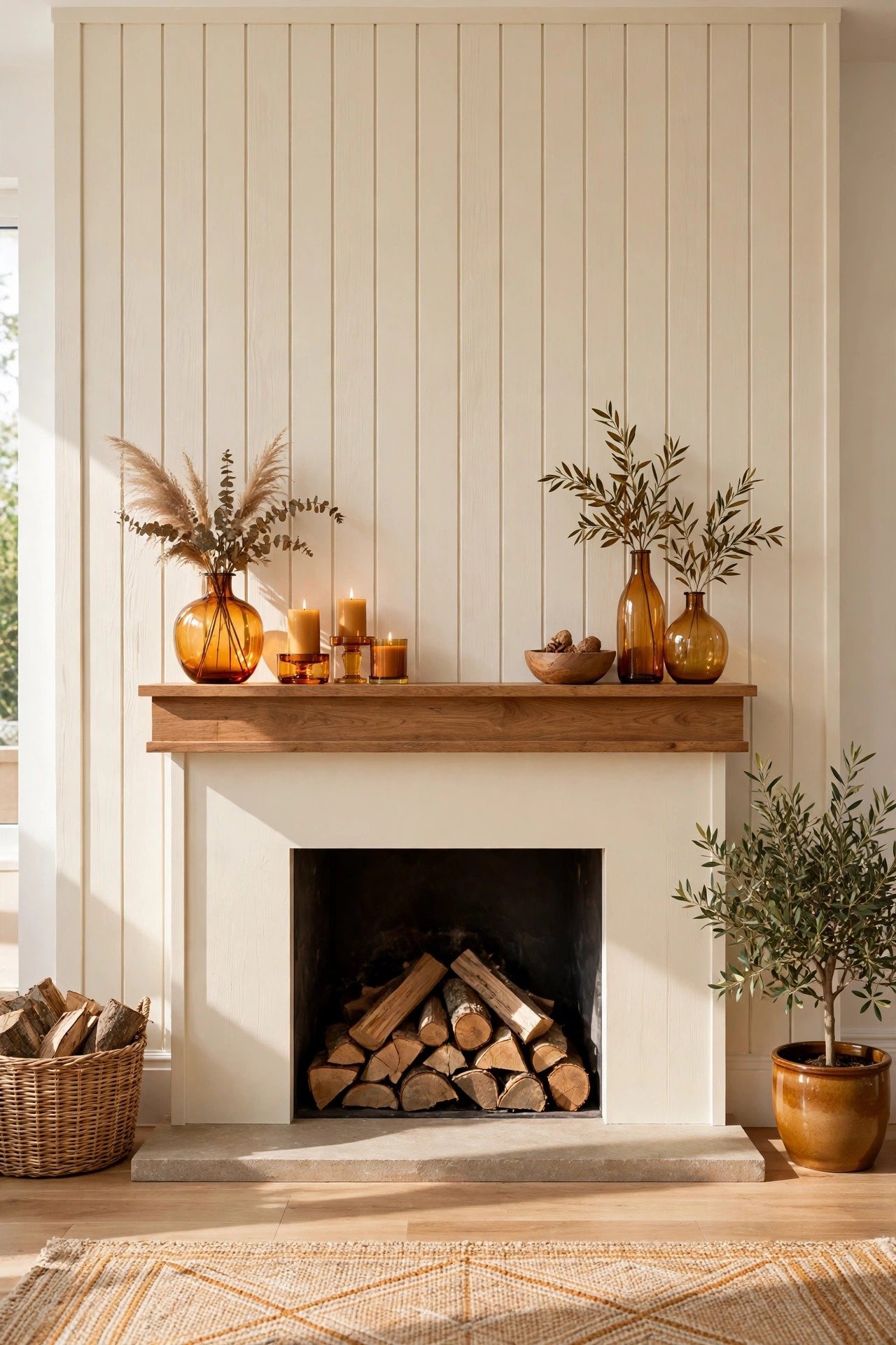 Living room fireplace wall with cream board and batten paneling and warm wood mantel decor