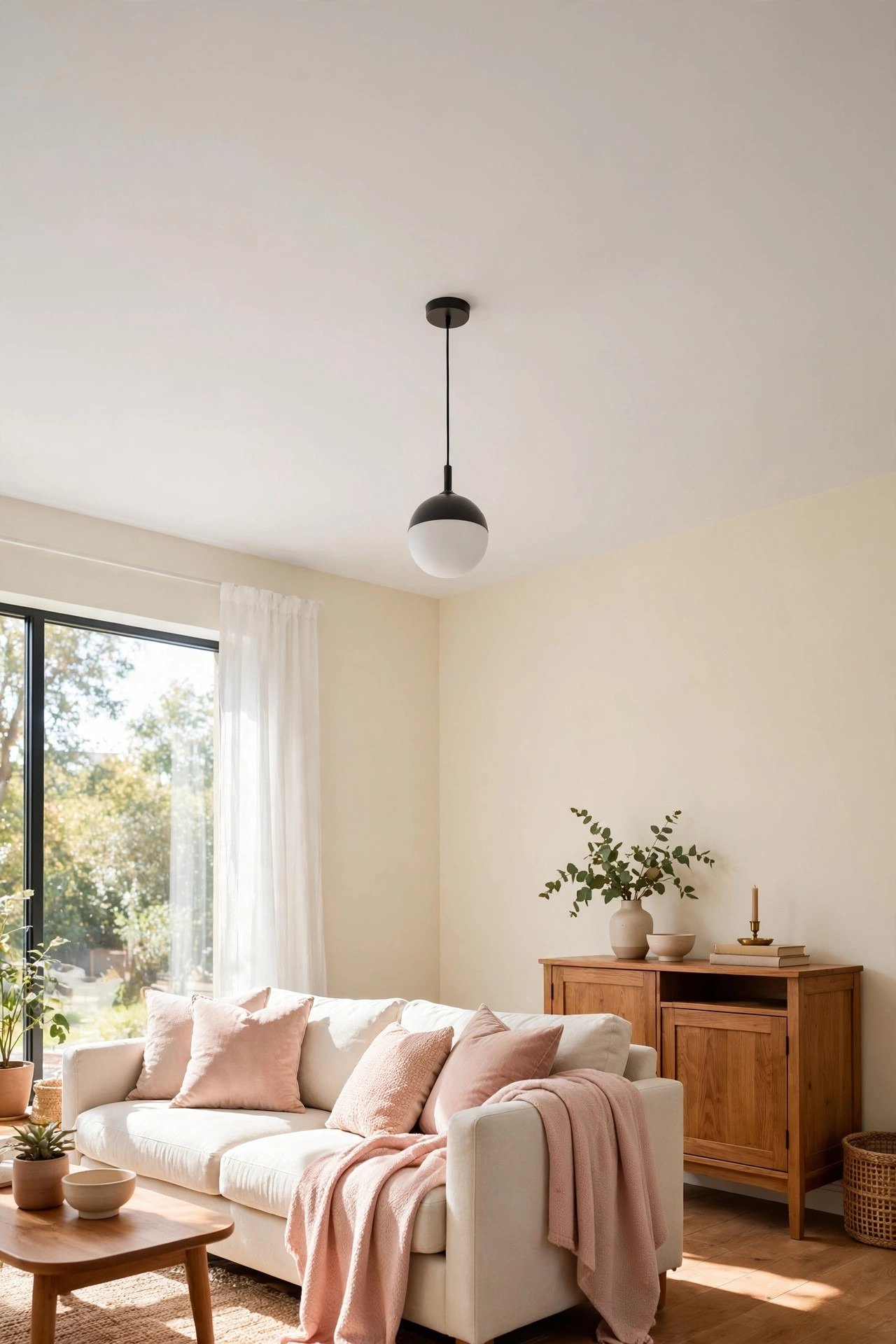 Seamless smooth single-level POP ceiling in white above a tidy living room with a simple pendant light