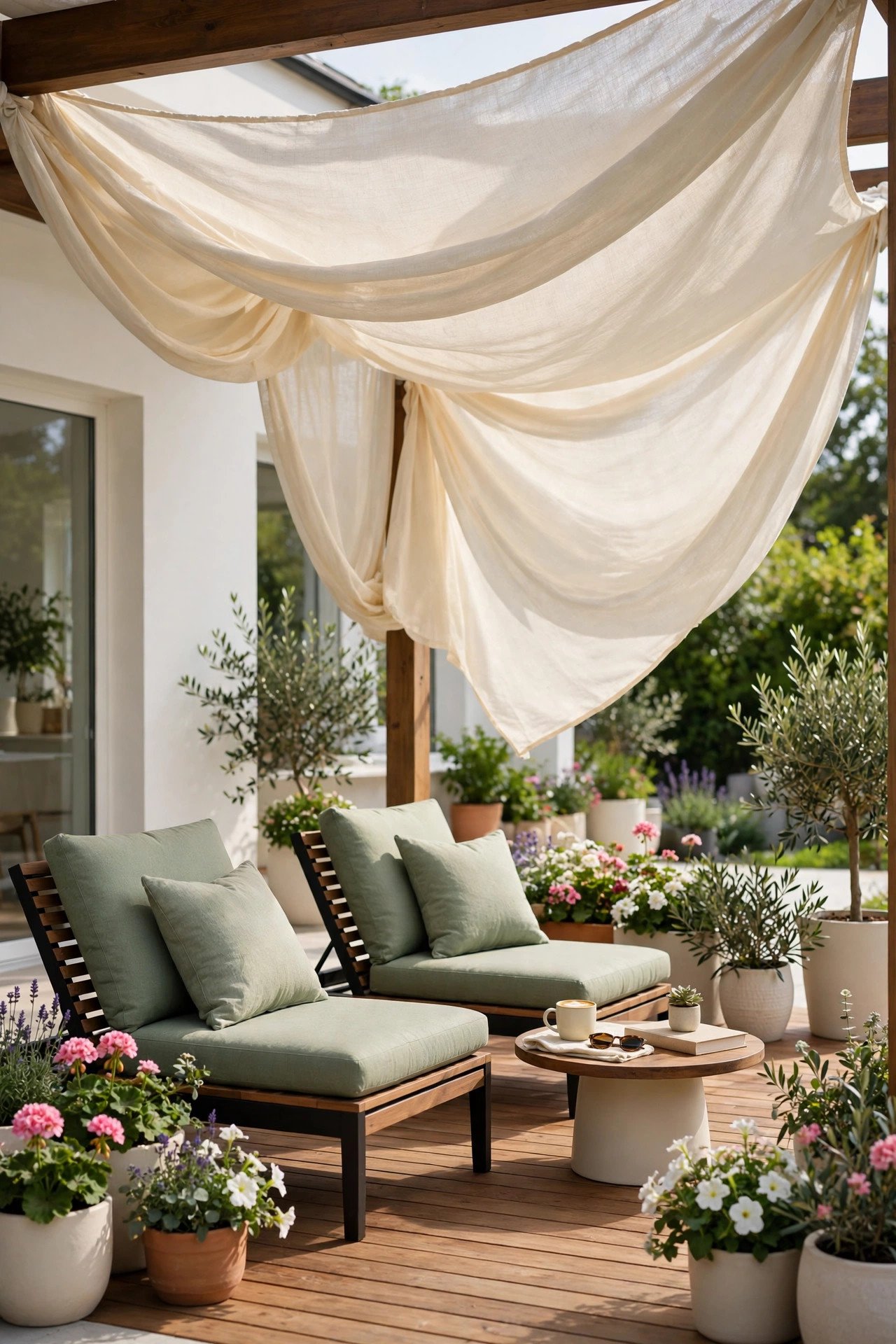 Covered patio with retractable striped awning cover