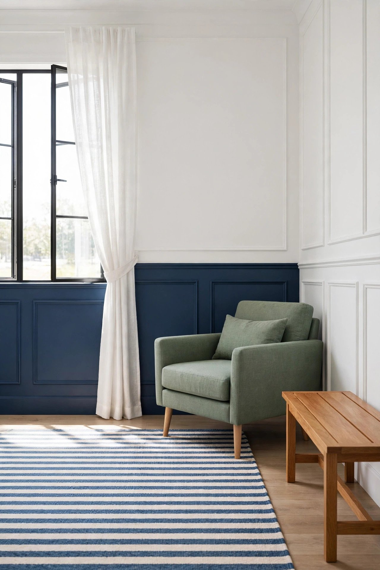 Deep navy blue lower wall with white wainscoting panels and a striped area rug in a bright room
