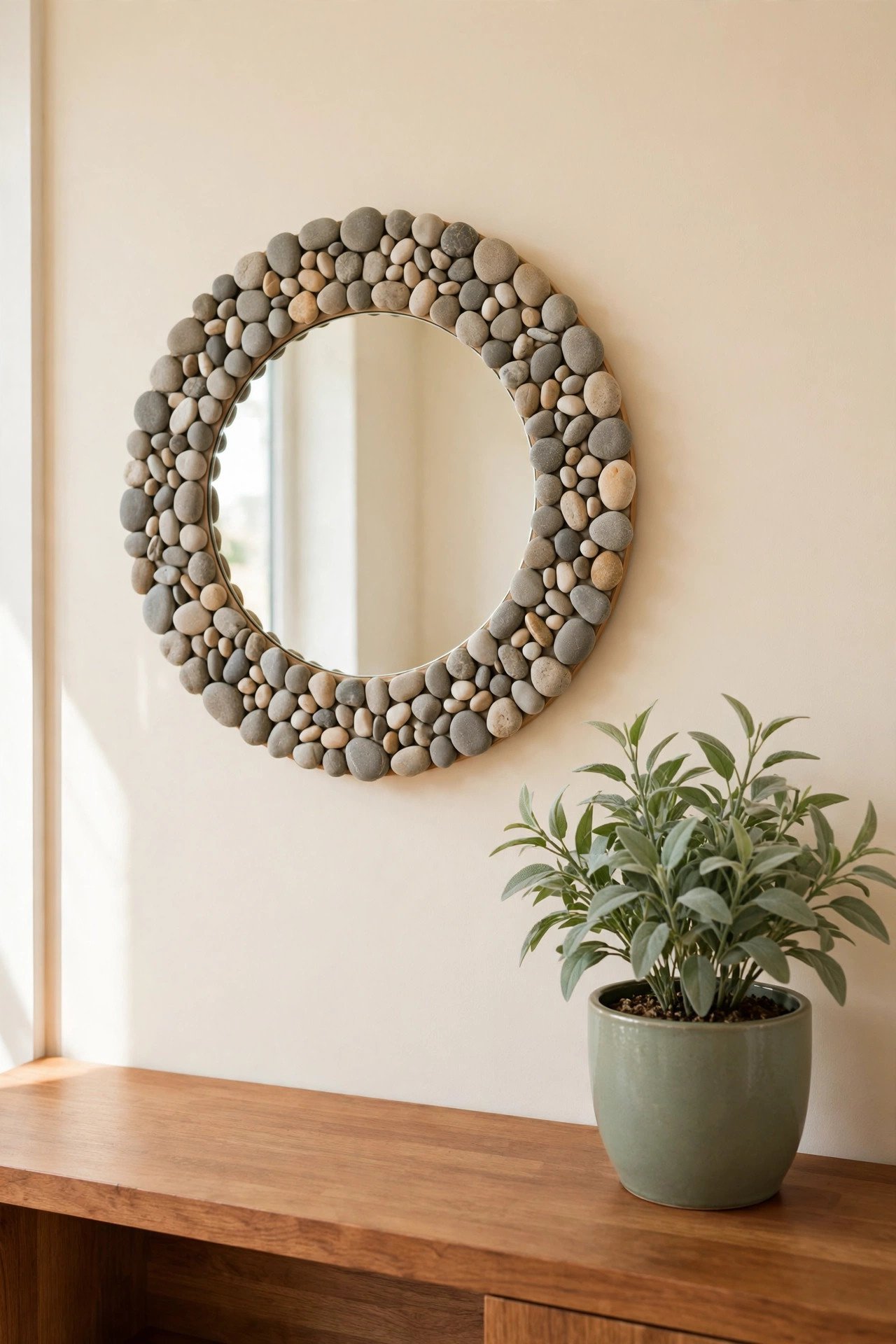 Round mirror with a frame of smooth natural pebbles