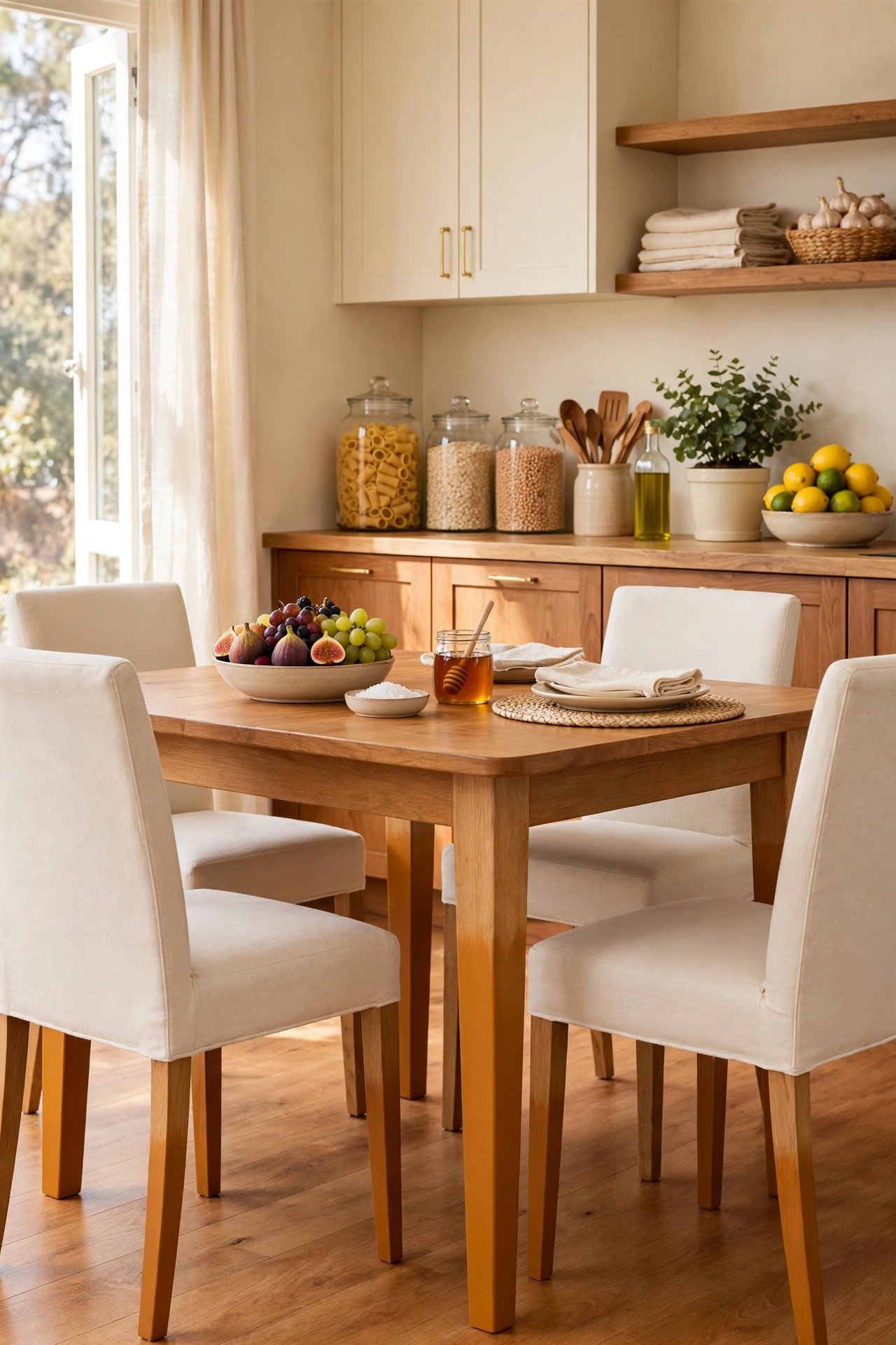 Dining table with dip dyed legs in amber paint on a wooden table in a dining room