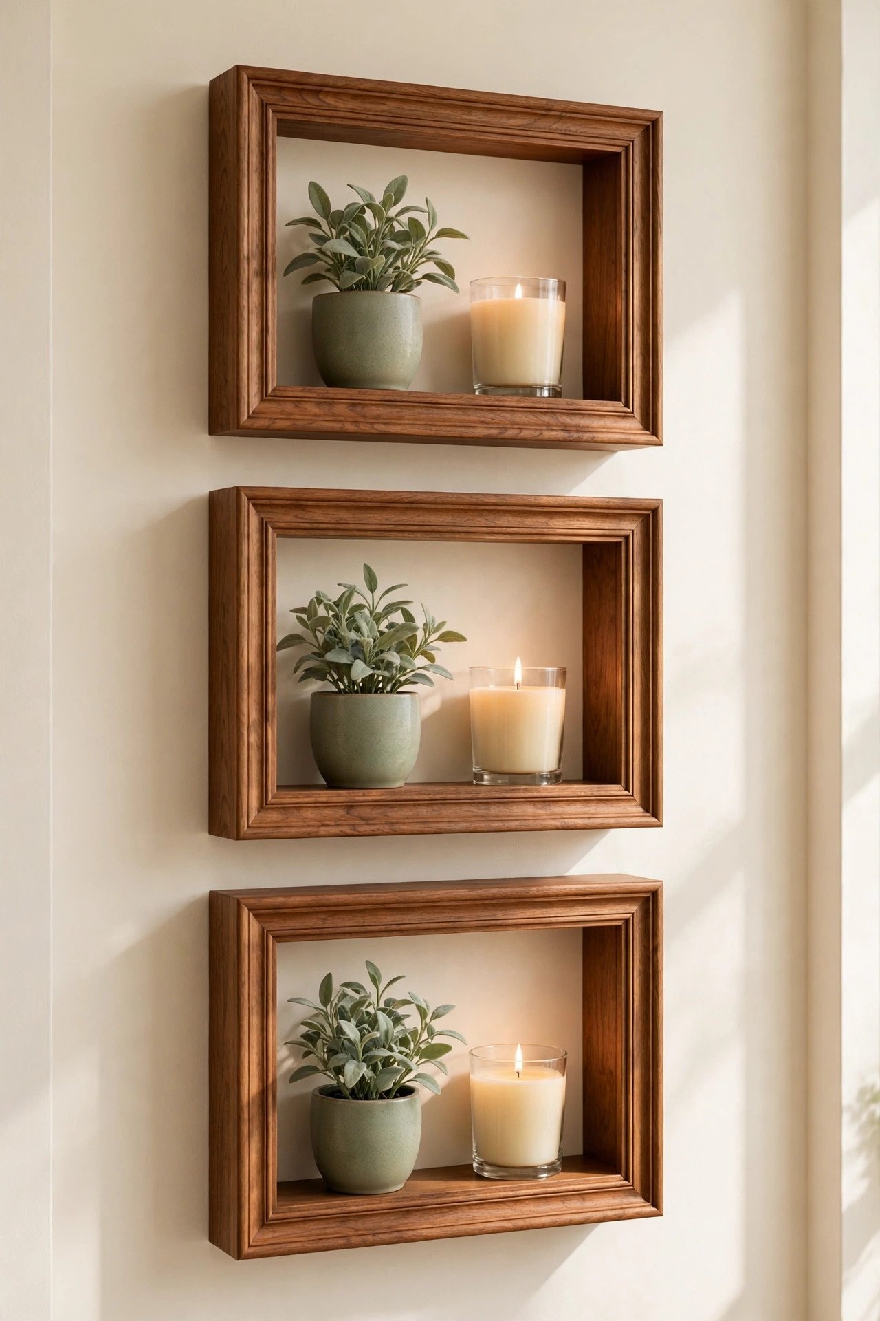 Deep picture frames mounted as shadowbox wall shelves