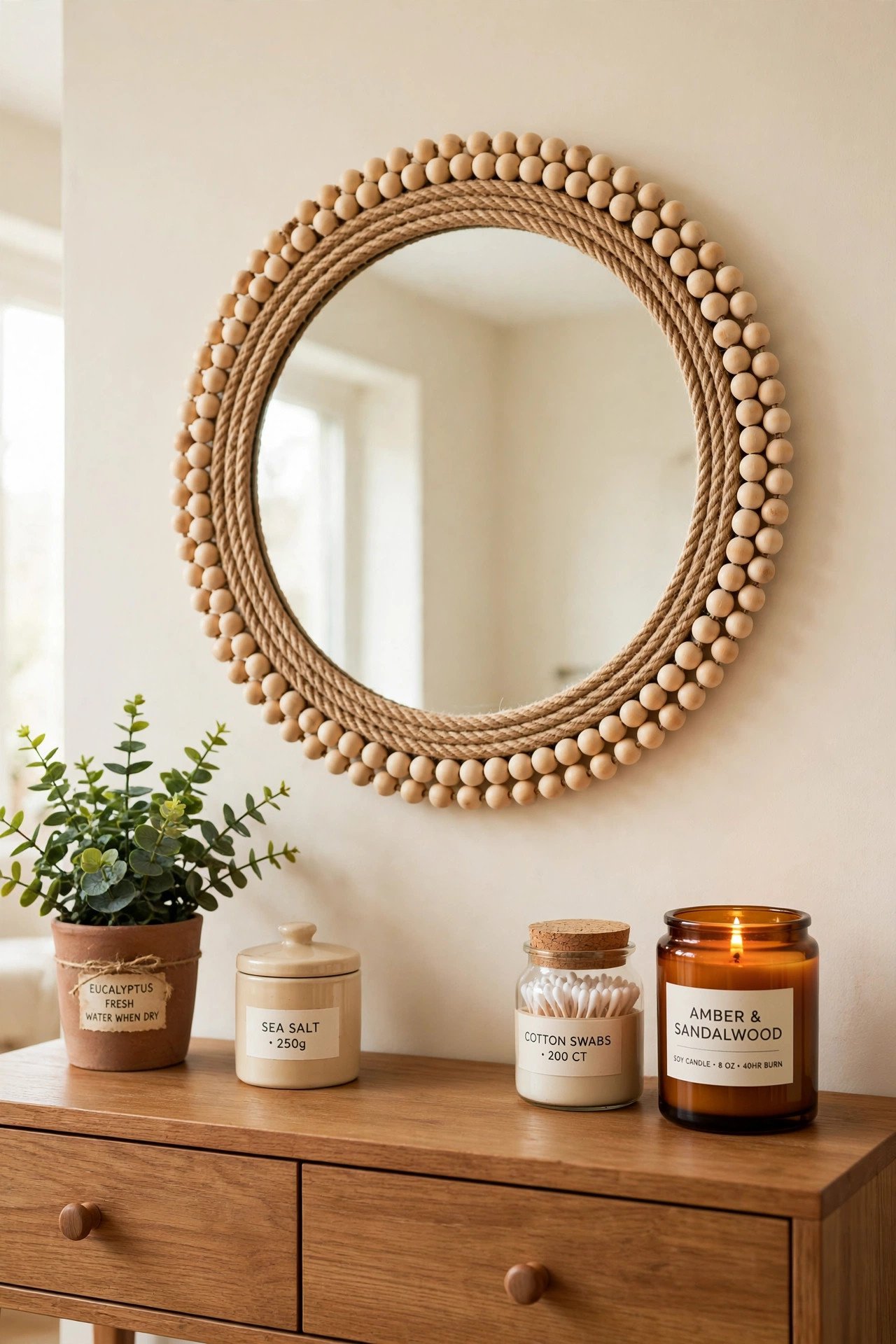 Dollar store mirror frame update with rope and wood beads glued around a round mirror in amber tones